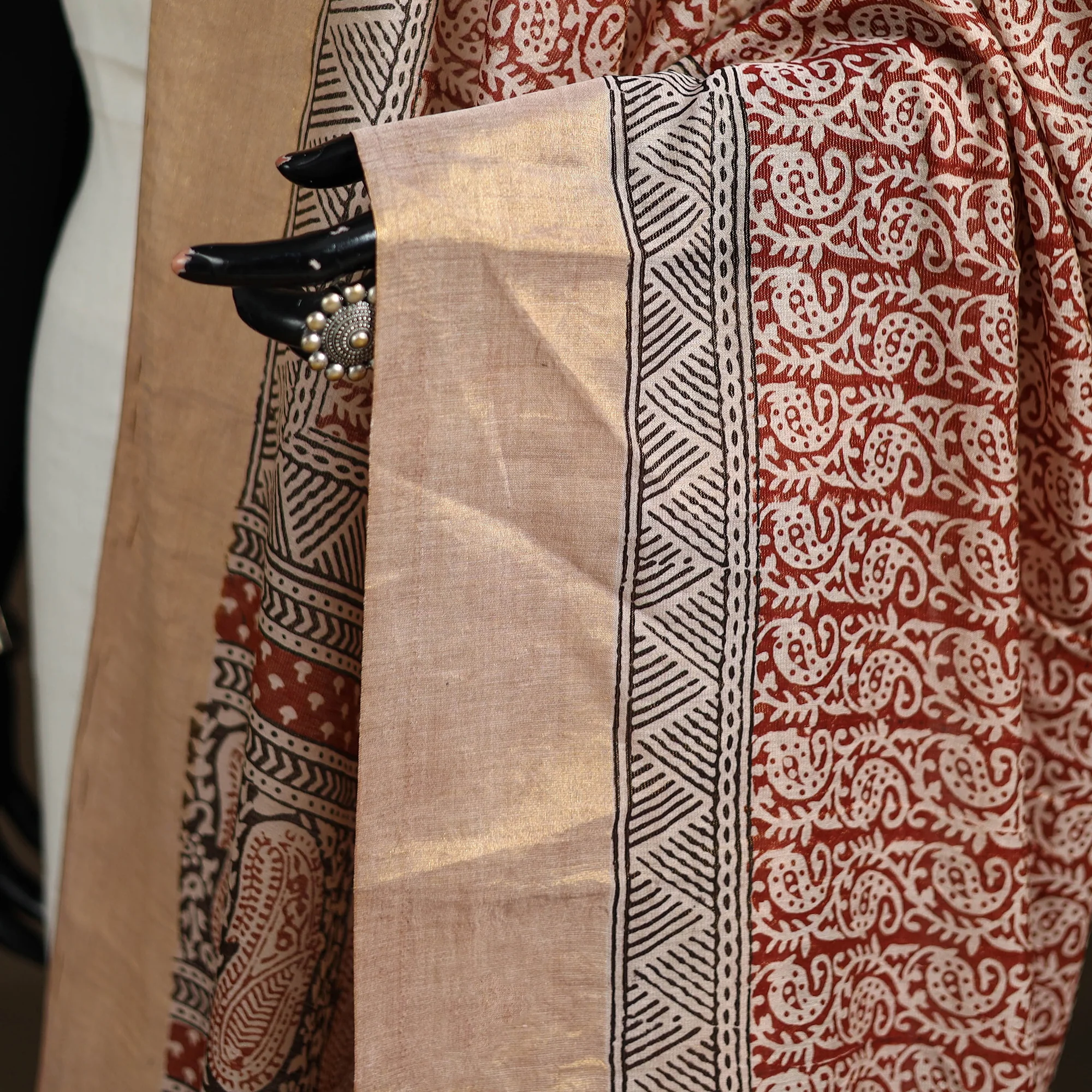 Red - Bagh Hand Block Print Natural Dyed Tissue Zari Chanderi Silk Dupatta 23 - Image 3