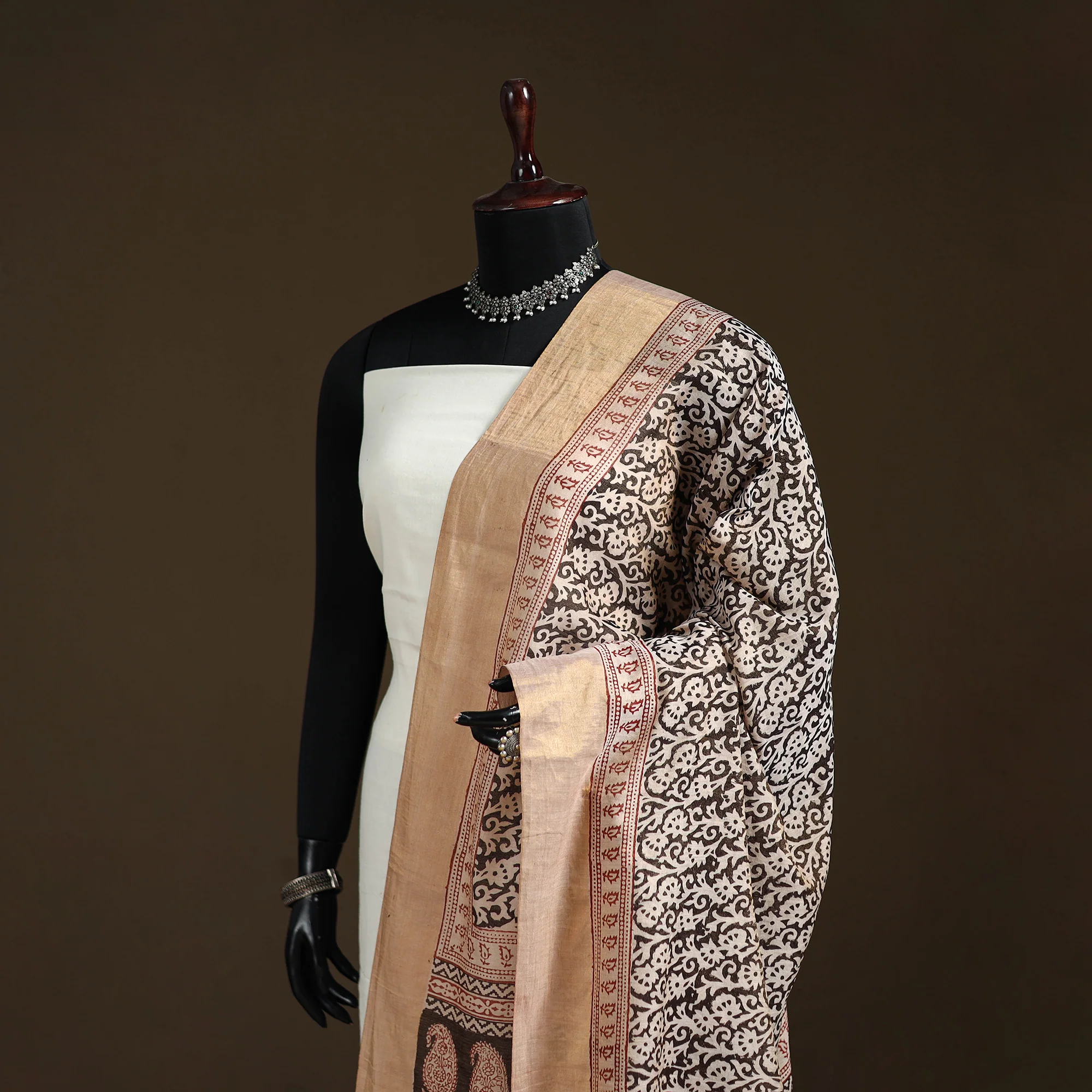 Beige - Bagh Hand Block Print Natural Dyed Tissue Zari Chanderi Silk Dupatta 25 - Image 2
