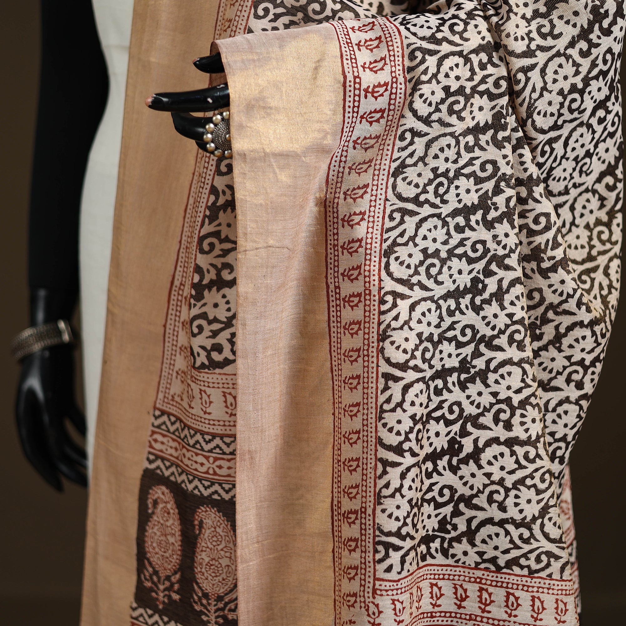 Beige - Bagh Hand Block Print Natural Dyed Tissue Zari Chanderi Silk Dupatta 25 - Image 3