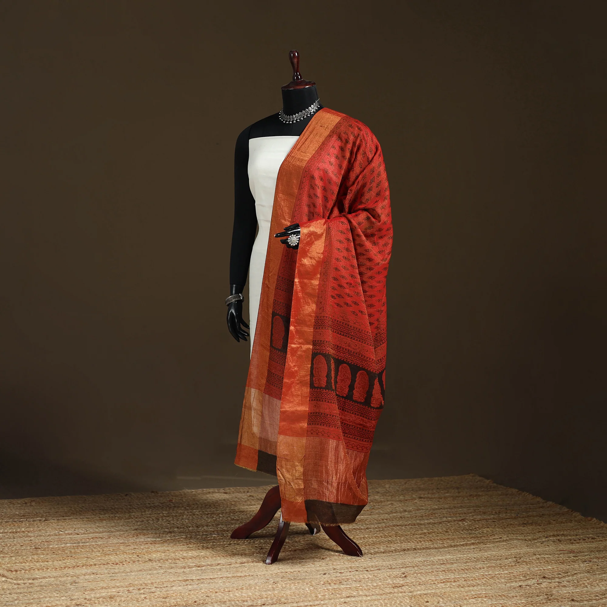 Red - Bagh Hand Block Print Natural Dyed Tissue Zari Chanderi Silk Dupatta 30