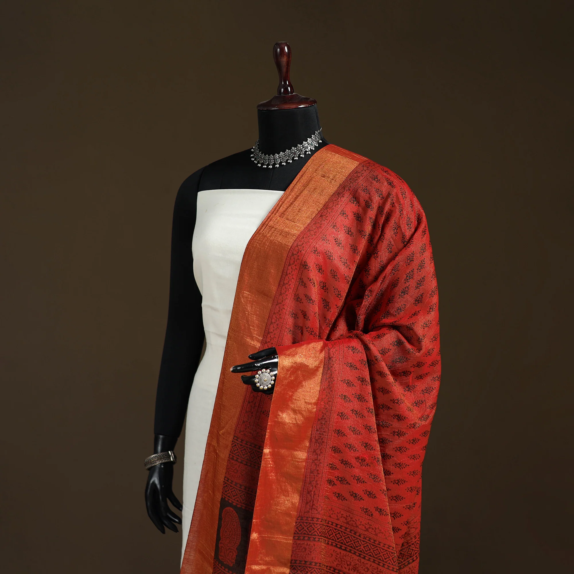 Red - Bagh Hand Block Print Natural Dyed Tissue Zari Chanderi Silk Dupatta 30 - Image 2