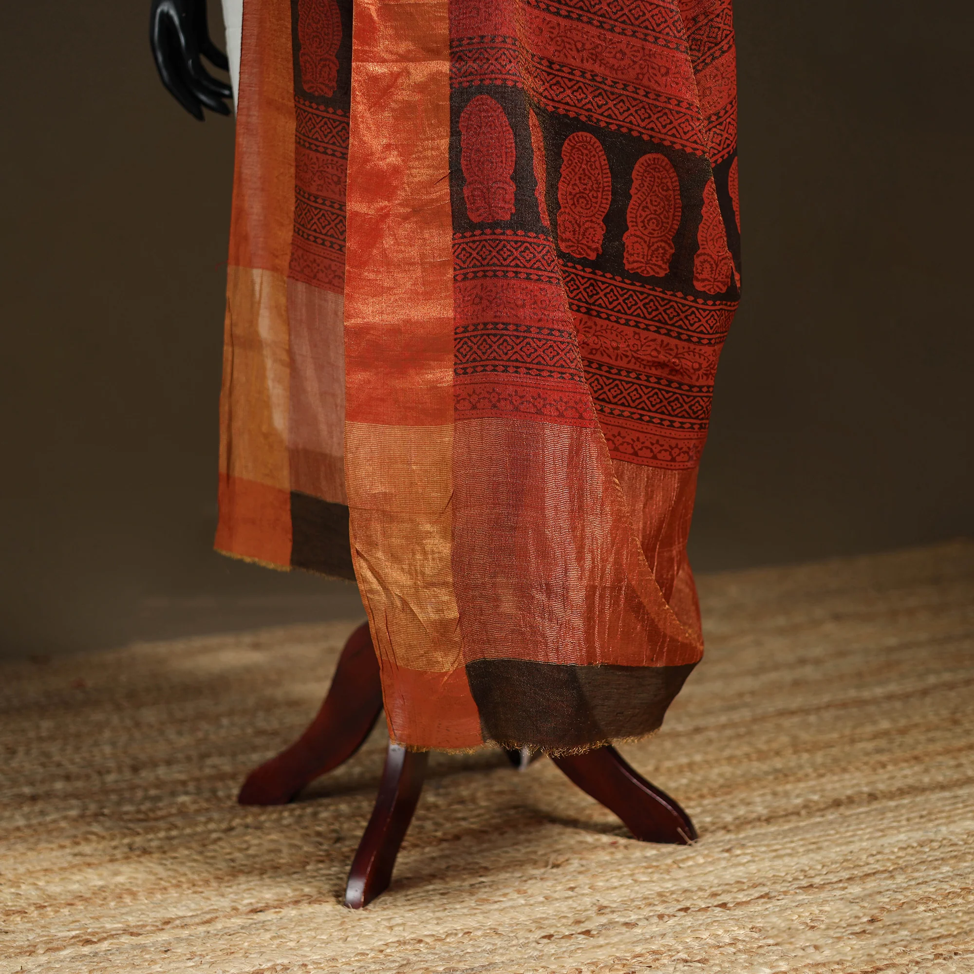 Red - Bagh Hand Block Print Natural Dyed Tissue Zari Chanderi Silk Dupatta 30 - Image 4