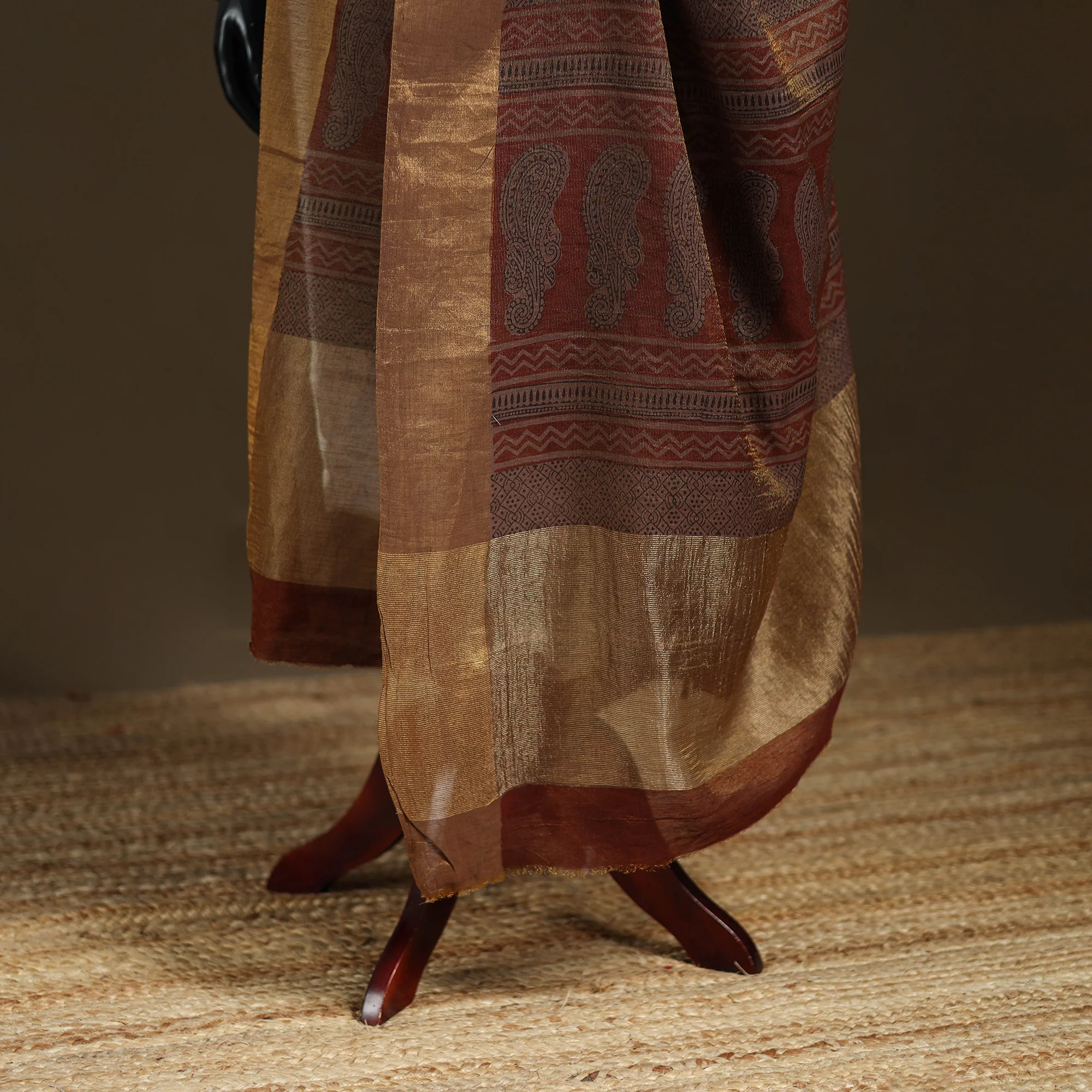 Brown - Bagh Hand Block Print Natural Dyed Tissue Zari Chanderi Silk Dupatta 31 - Image 4