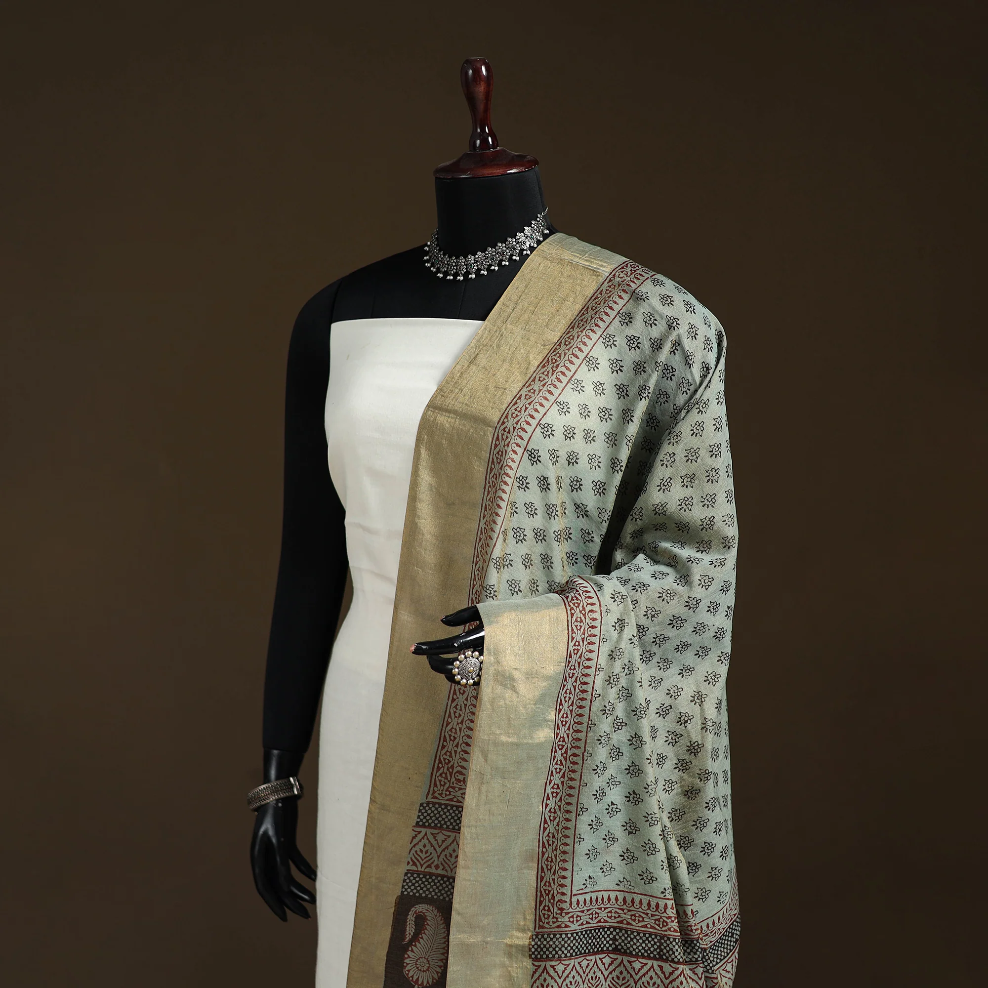 Beige - Bagh Hand Block Print Natural Dyed Tissue Zari Chanderi Silk Dupatta 35 - Image 2
