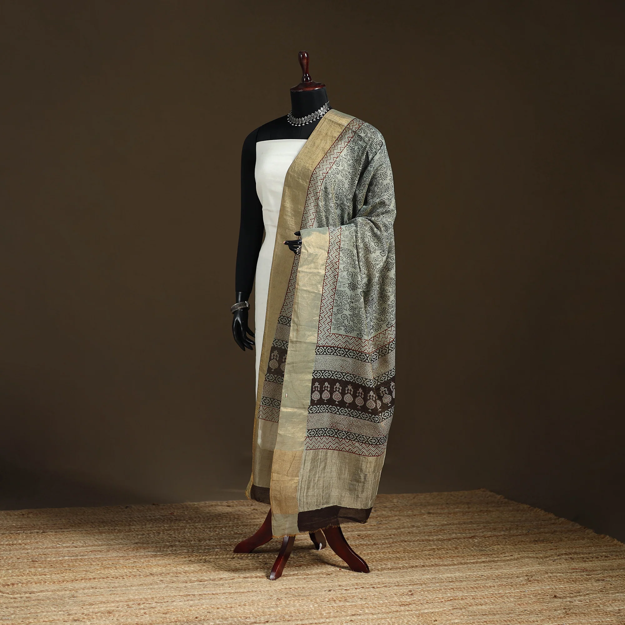 Beige - Bagh Hand Block Print Natural Dyed Tissue Zari Chanderi Silk Dupatta 37
