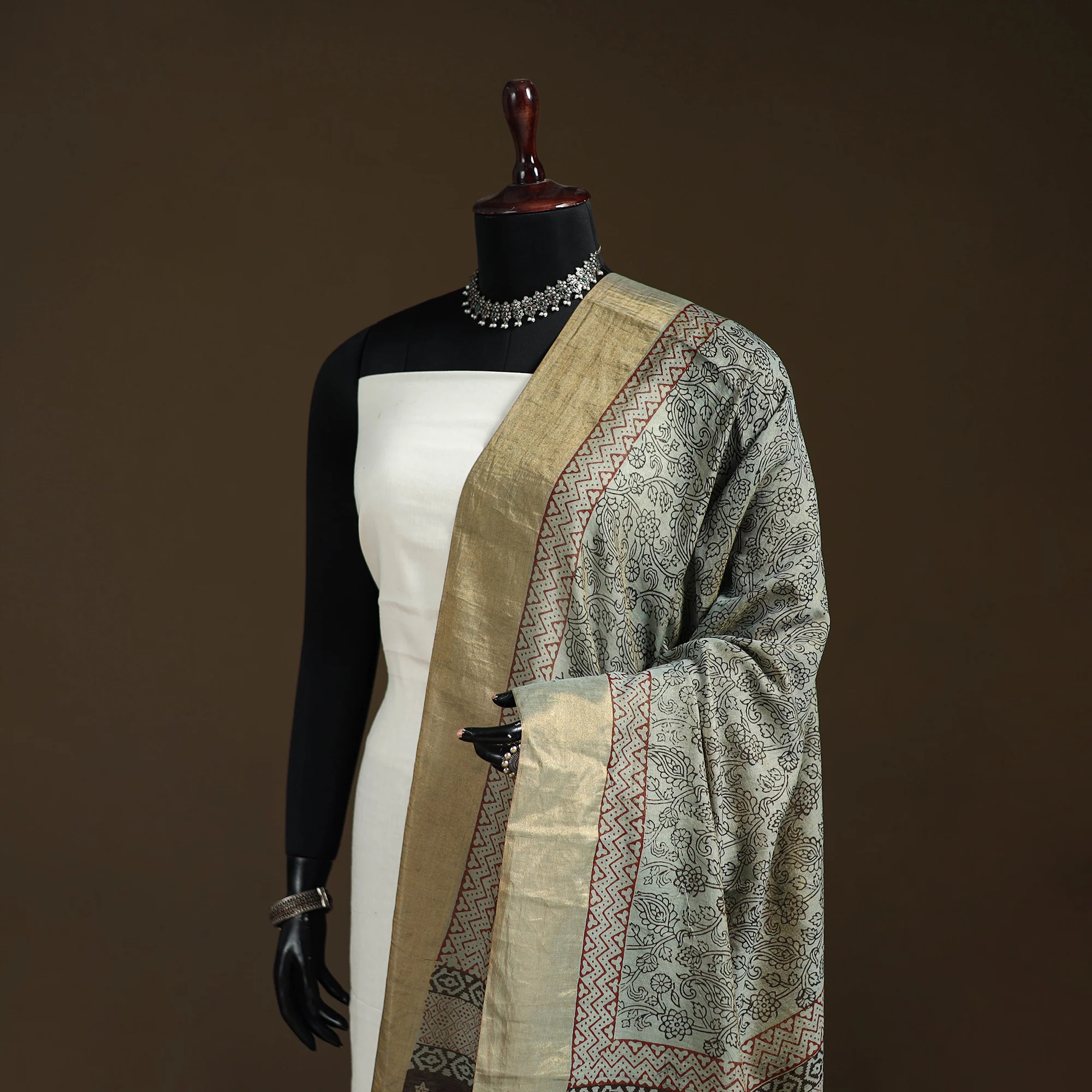 Beige - Bagh Hand Block Print Natural Dyed Tissue Zari Chanderi Silk Dupatta 37 - Image 2