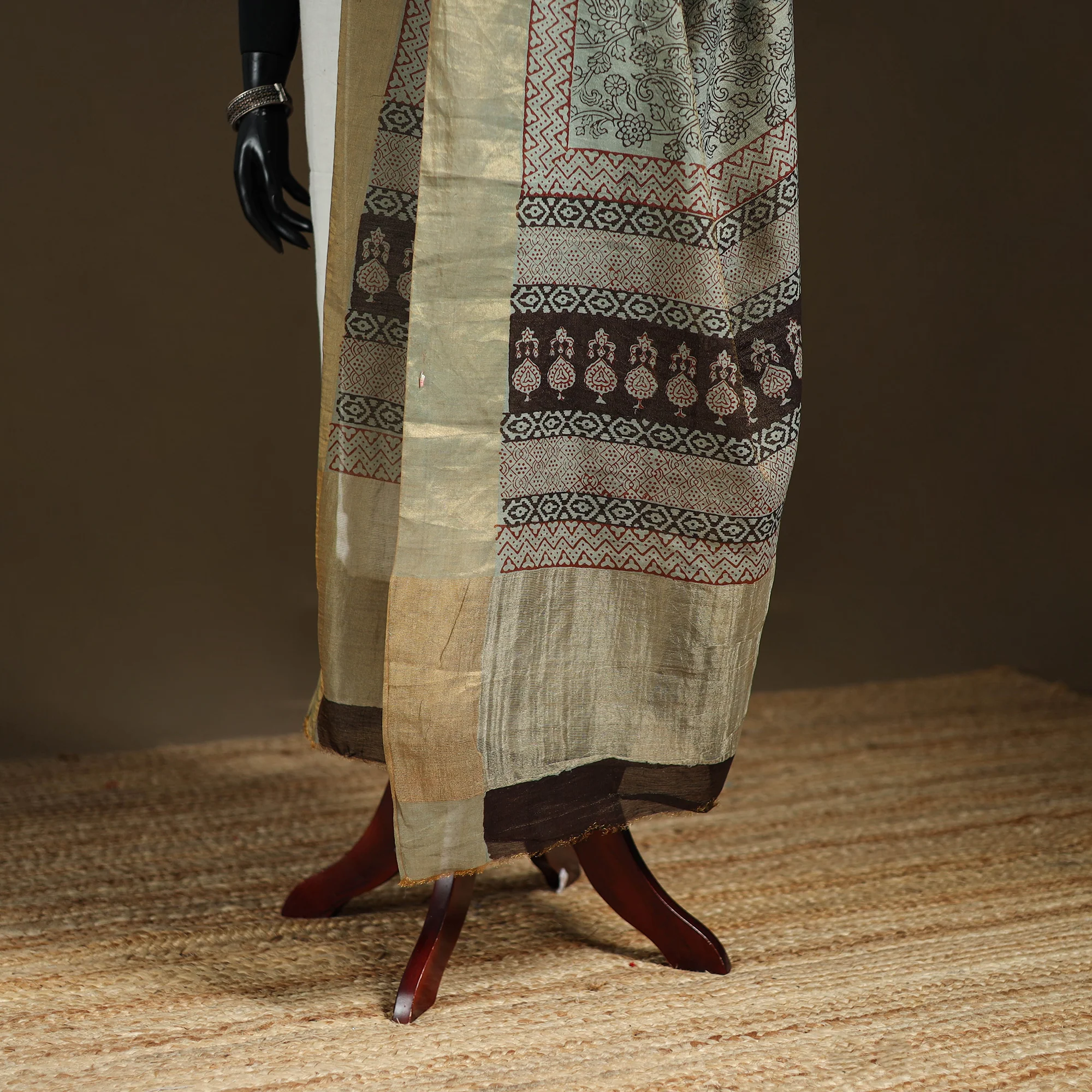 Beige - Bagh Hand Block Print Natural Dyed Tissue Zari Chanderi Silk Dupatta 37 - Image 4