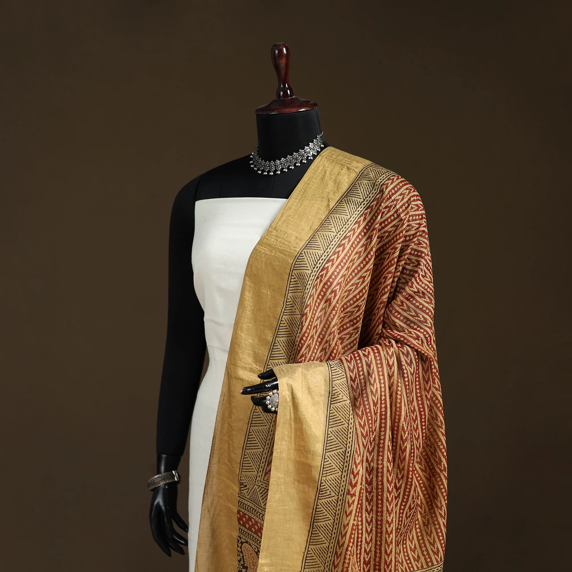 Yellow - Bagh Hand Block Print Natural Dyed Tissue Zari Chanderi Silk Dupatta 38 - Image 2