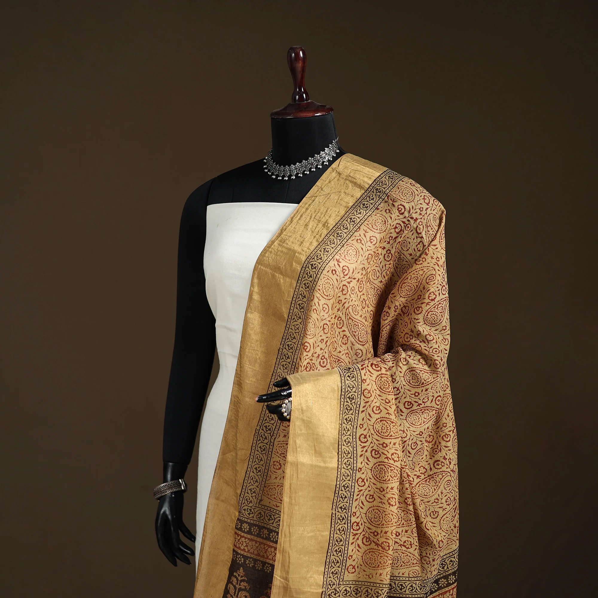 Beige - Bagh Hand Block Print Natural Dyed Tissue Zari Chanderi Silk Dupatta 39 - Image 2