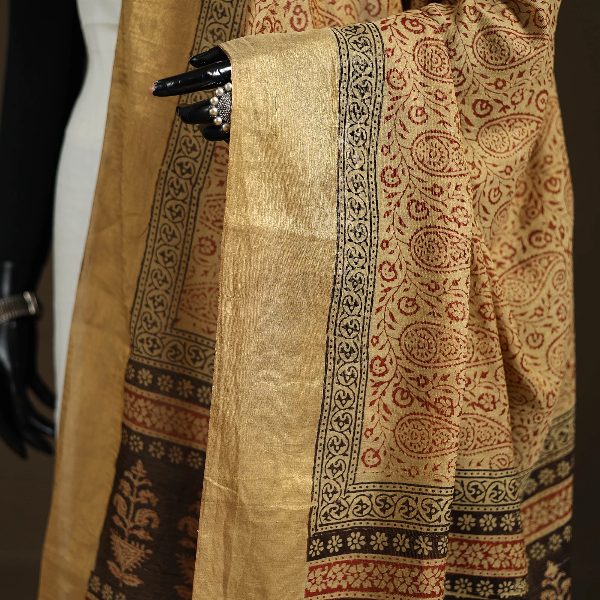 Beige - Bagh Hand Block Print Natural Dyed Tissue Zari Chanderi Silk Dupatta 39 - Image 3
