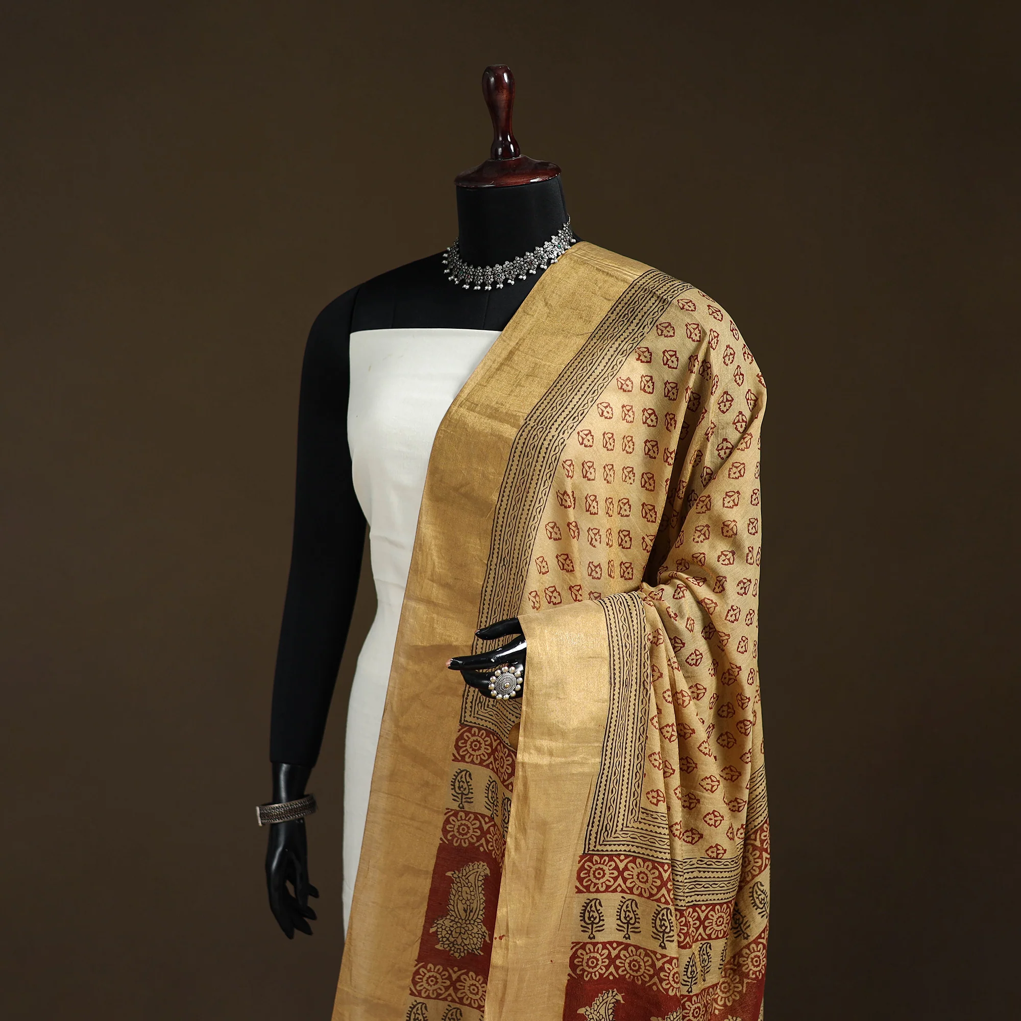 Beige - Bagh Hand Block Print Natural Dyed Tissue Zari Chanderi Silk Dupatta 40 - Image 2