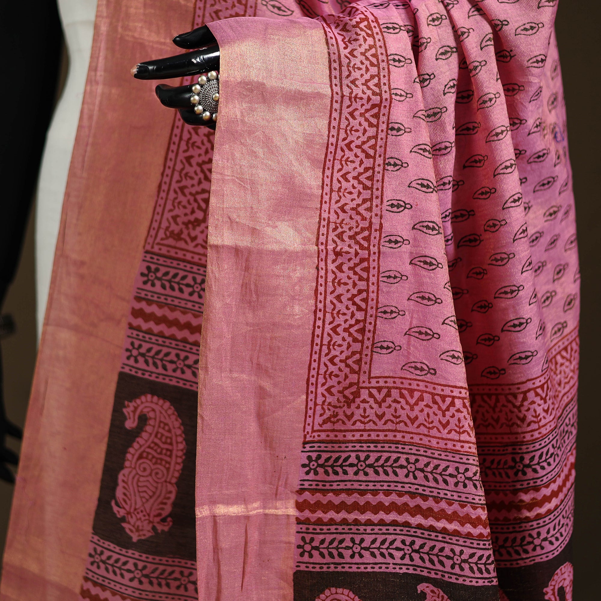 Pink - Bagh Hand Block Print Natural Dyed Tissue Zari Chanderi Silk Dupatta 43 - Image 3