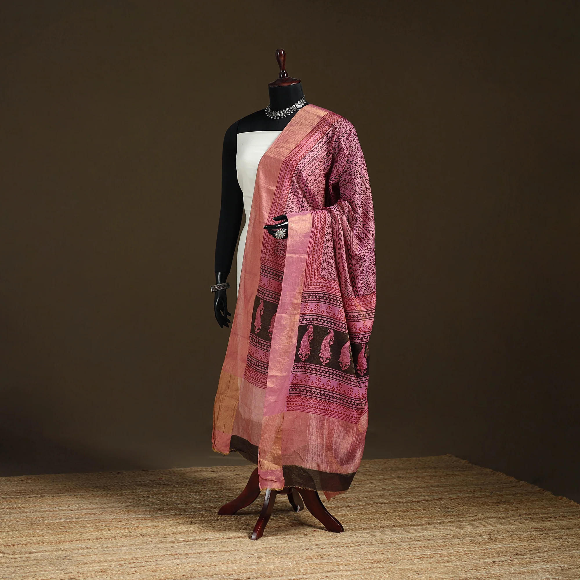 Pink - Bagh Hand Block Print Natural Dyed Tissue Zari Chanderi Silk Dupatta 45