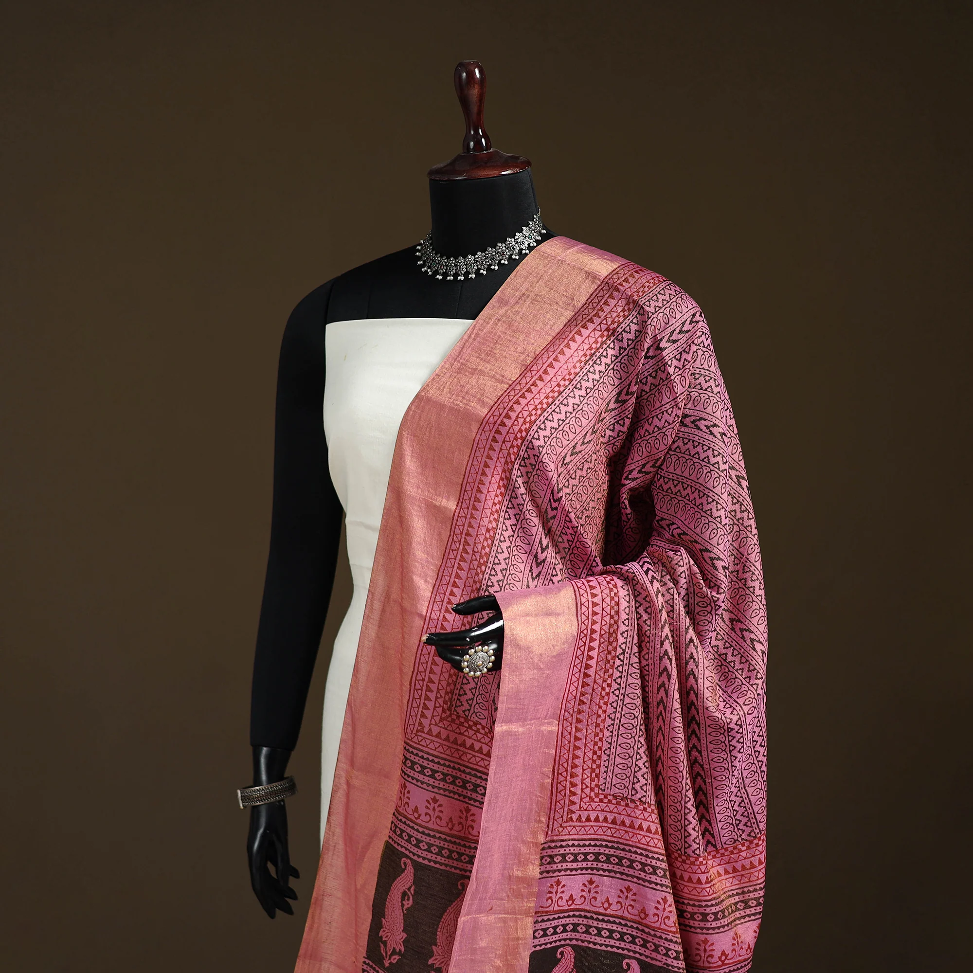 Pink - Bagh Hand Block Print Natural Dyed Tissue Zari Chanderi Silk Dupatta 45 - Image 2