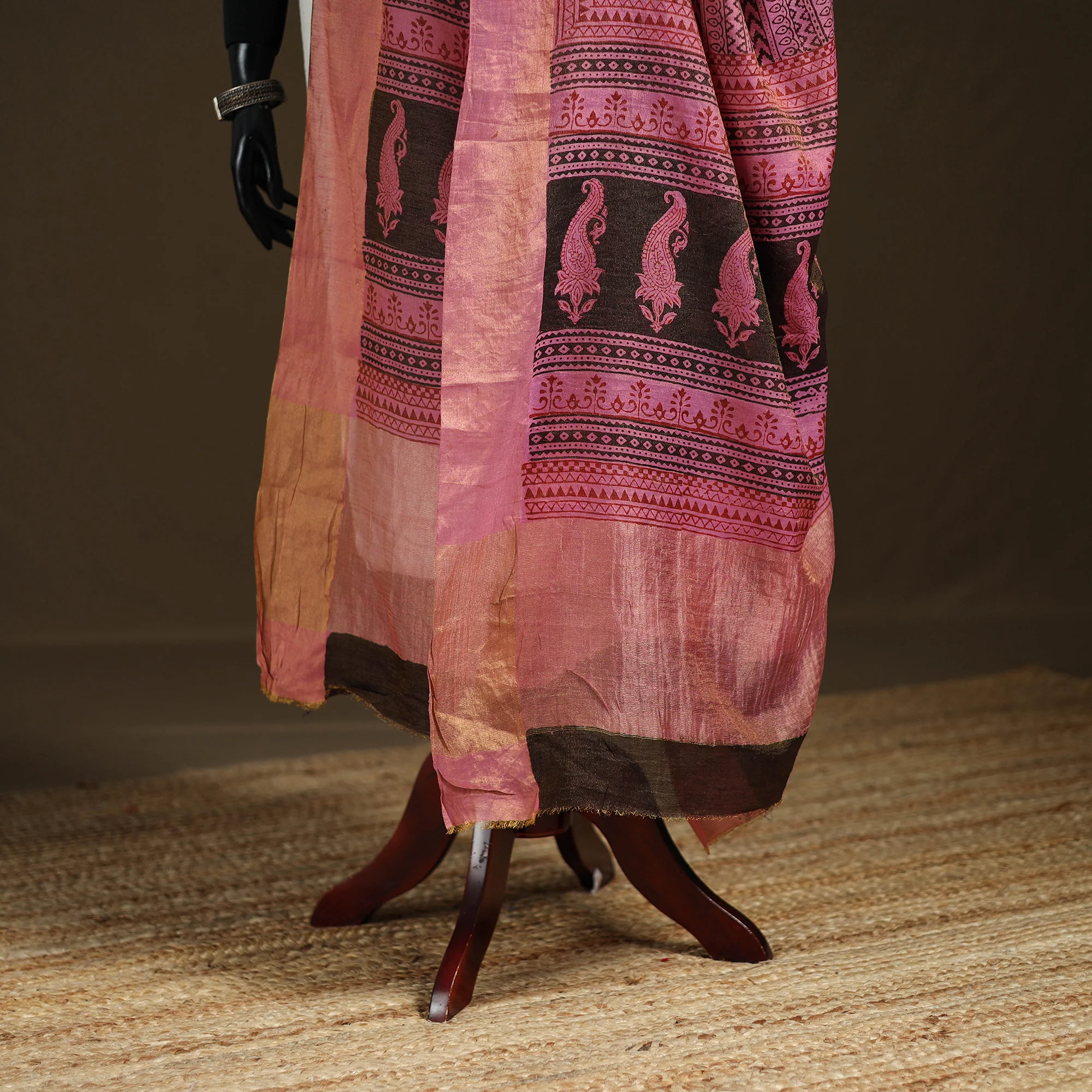 Pink - Bagh Hand Block Print Natural Dyed Tissue Zari Chanderi Silk Dupatta 45 - Image 4