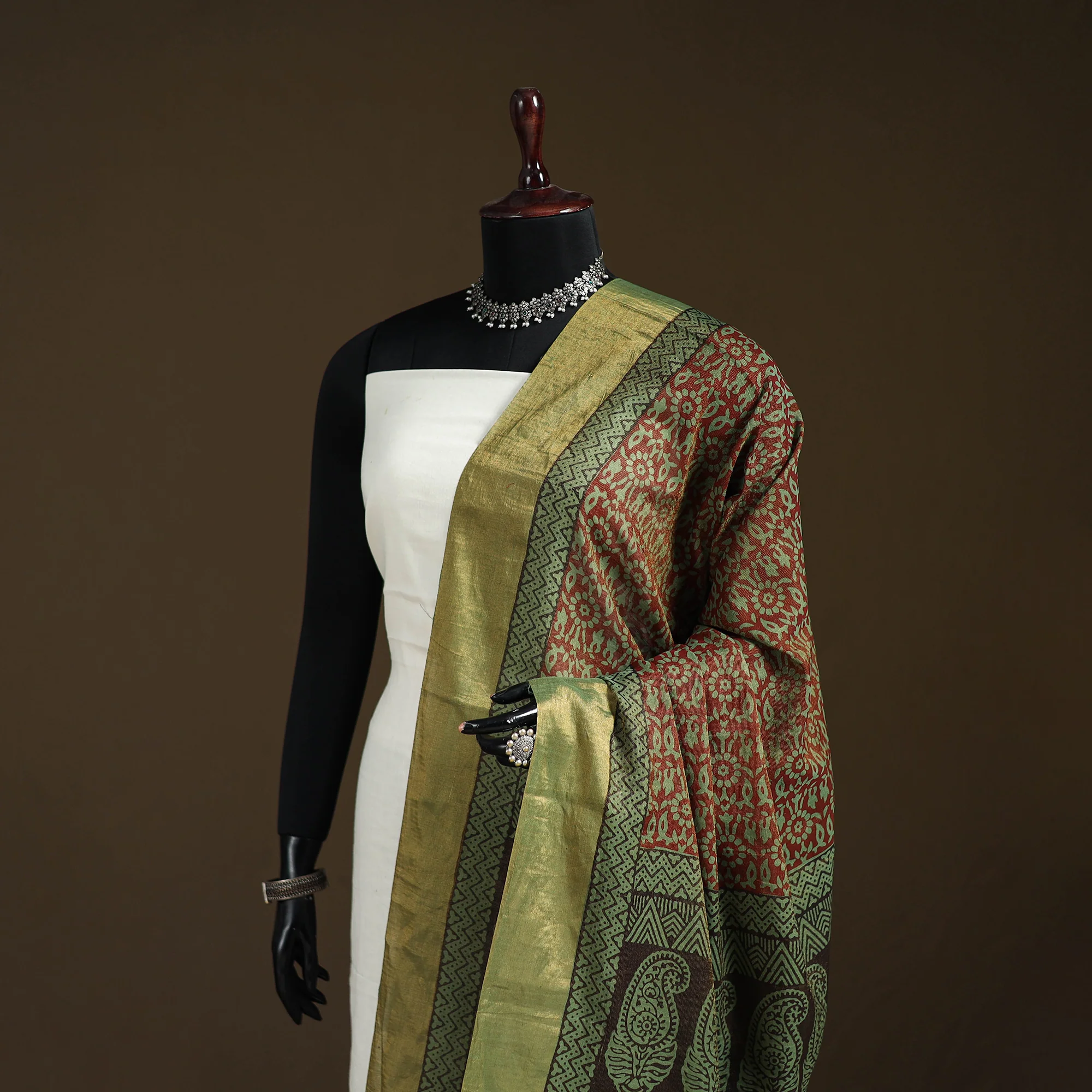 Green - Bagh Hand Block Print Natural Dyed Tissue Zari Chanderi Silk Dupatta 46 - Image 2