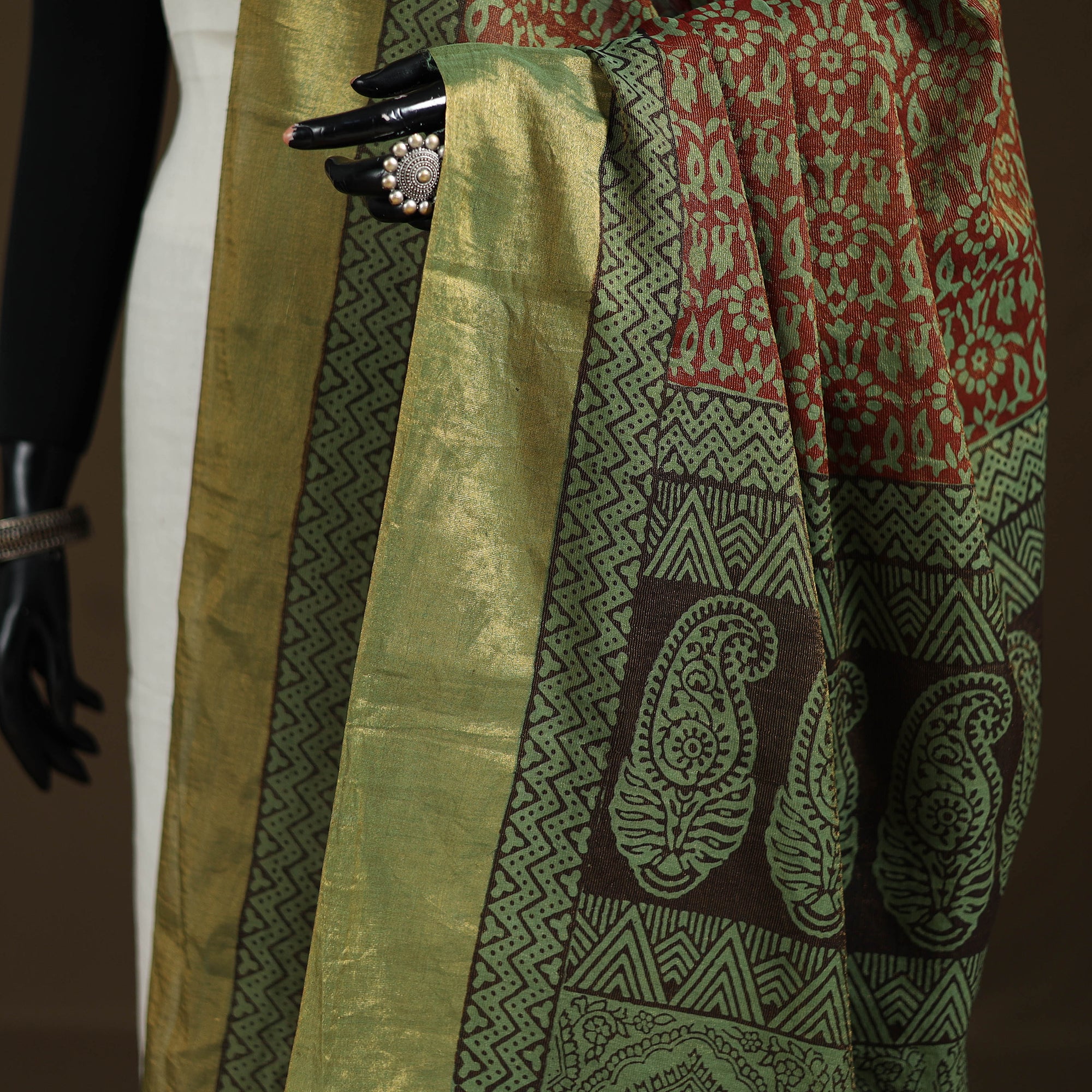 Green - Bagh Hand Block Print Natural Dyed Tissue Zari Chanderi Silk Dupatta 46 - Image 3