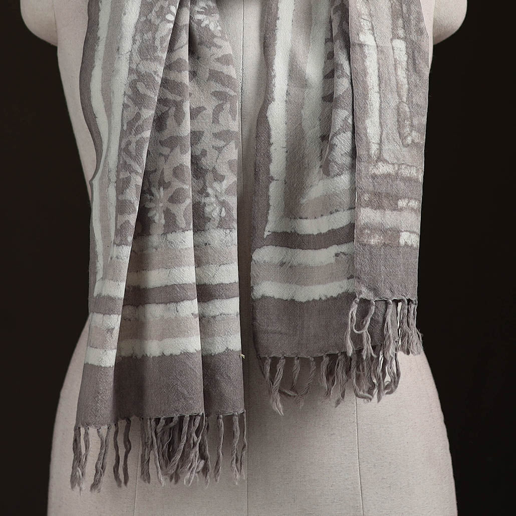 Grey - Bagru Dabu Hand Block Print Pure Merino Wool Handwoven Natural Dyed Stole 03 - Image 2