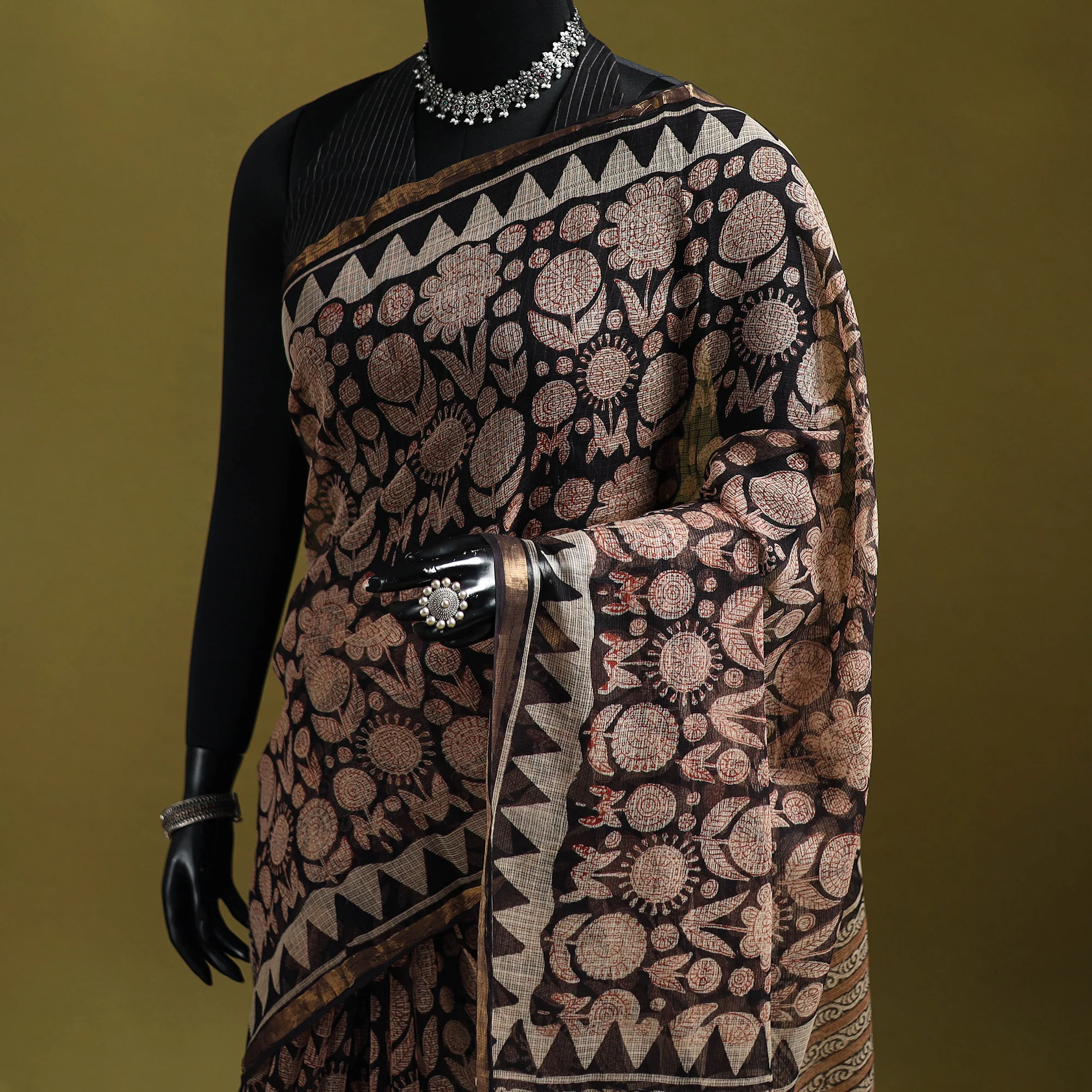 Black - Bagru Hand Block Print Kota Doria Cotton Saree 31 - Image 2