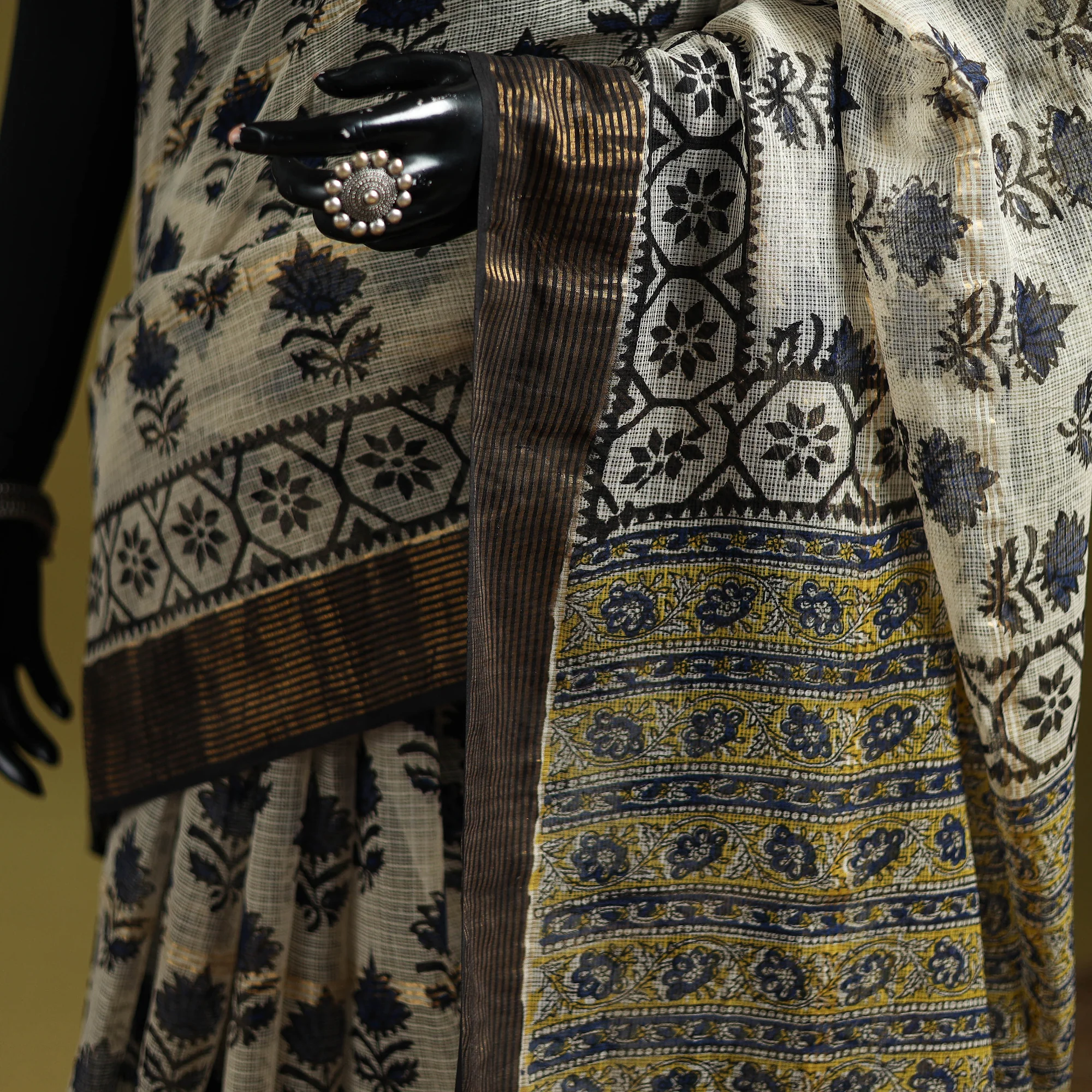 Beige - Bagru Hand Block Print Kota Doria Cotton Saree 35 - Image 3