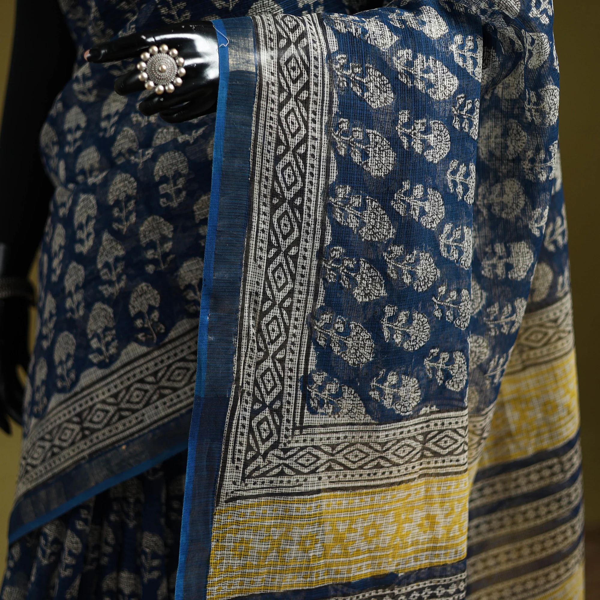 Blue - Bagru Hand Block Print Kota Doria Cotton Saree 37 - Image 3