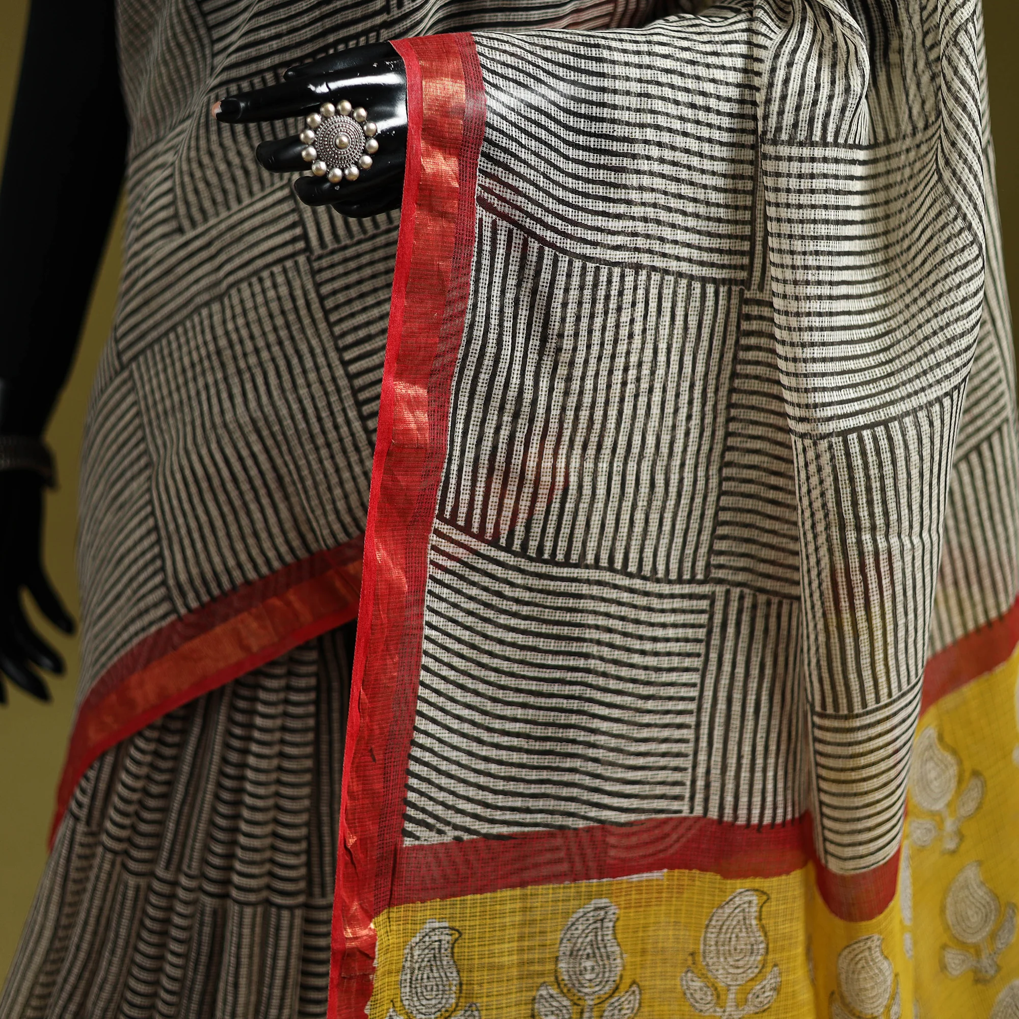 Black - Bagru Hand Block Print Kota Doria Cotton Saree 38 - Image 3