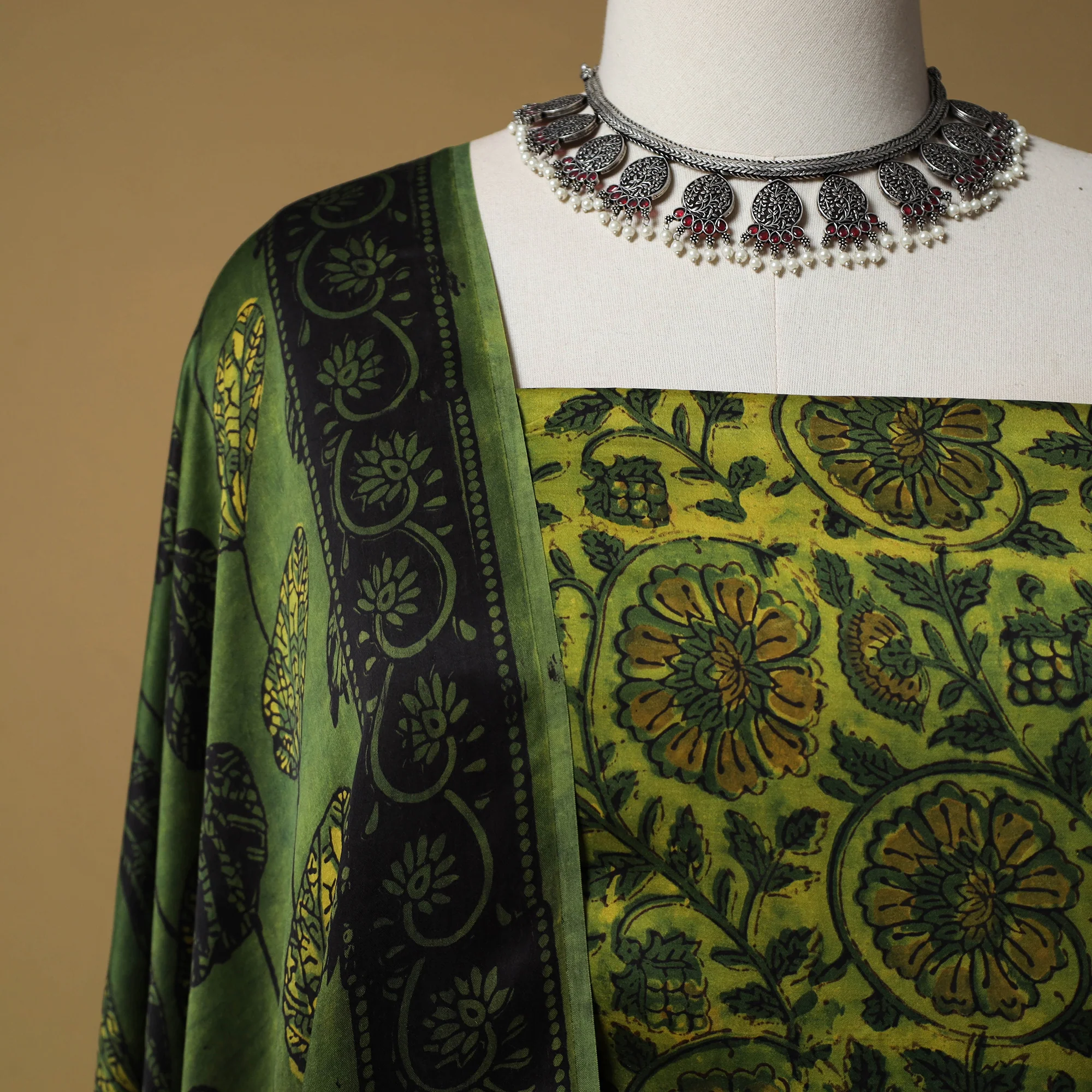 Bagru Hand Block Print Natural Dyed Modal Silk 2pc Unstitched Dress Material Kurta Set 28 - Image 3