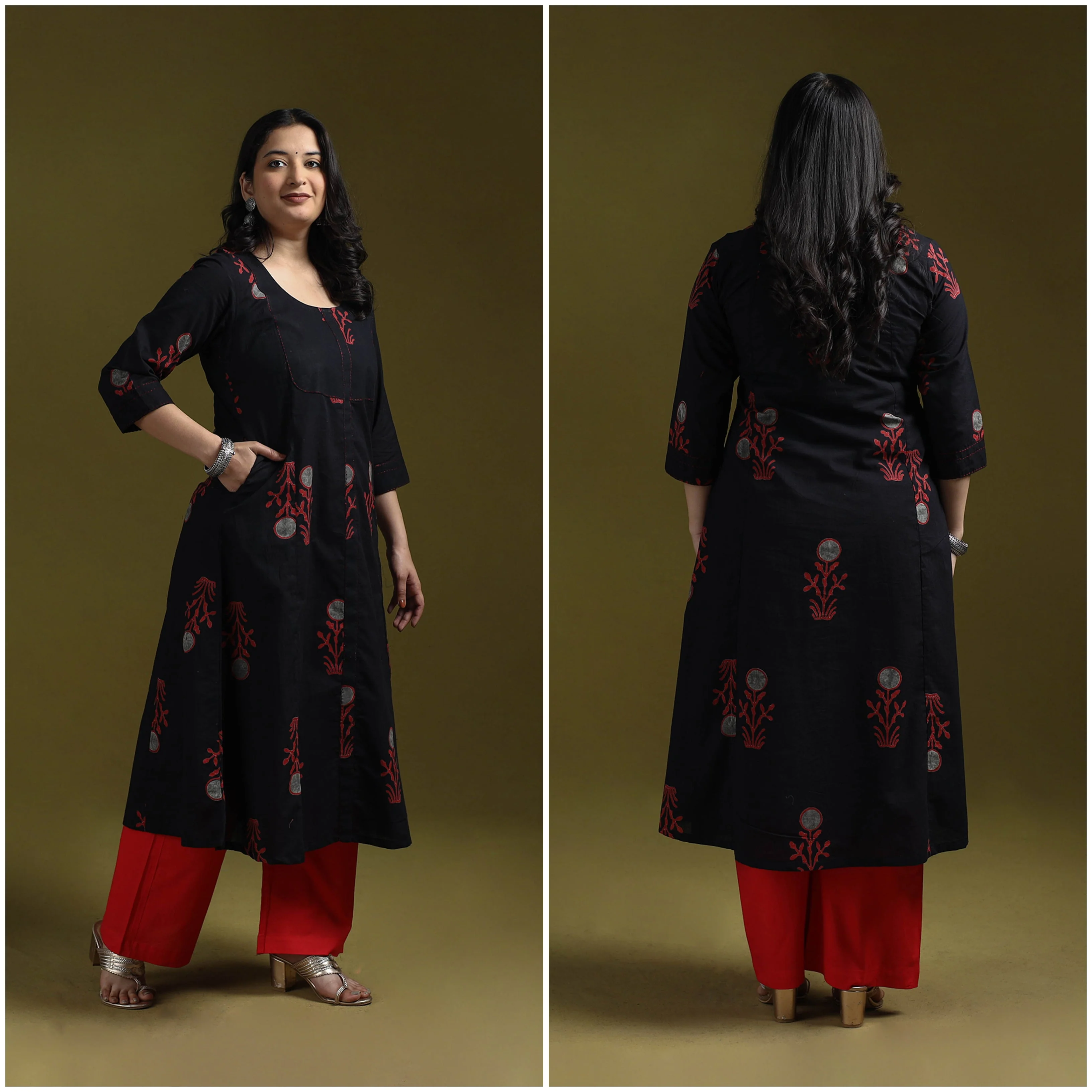Black - Bagru Hand Block Print Syahi Begar Hand Embroidered Cotton A-Line Kurta for women 08 - Image 3