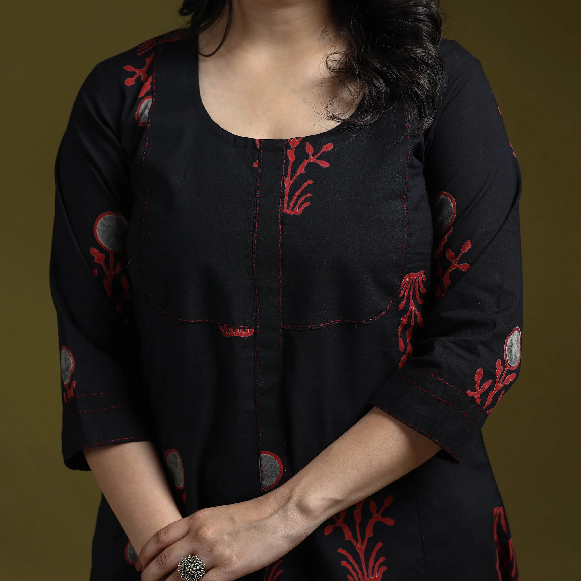 Black - Bagru Hand Block Print Syahi Begar Hand Embroidered Cotton A-Line Kurta for women 08 - Image 4