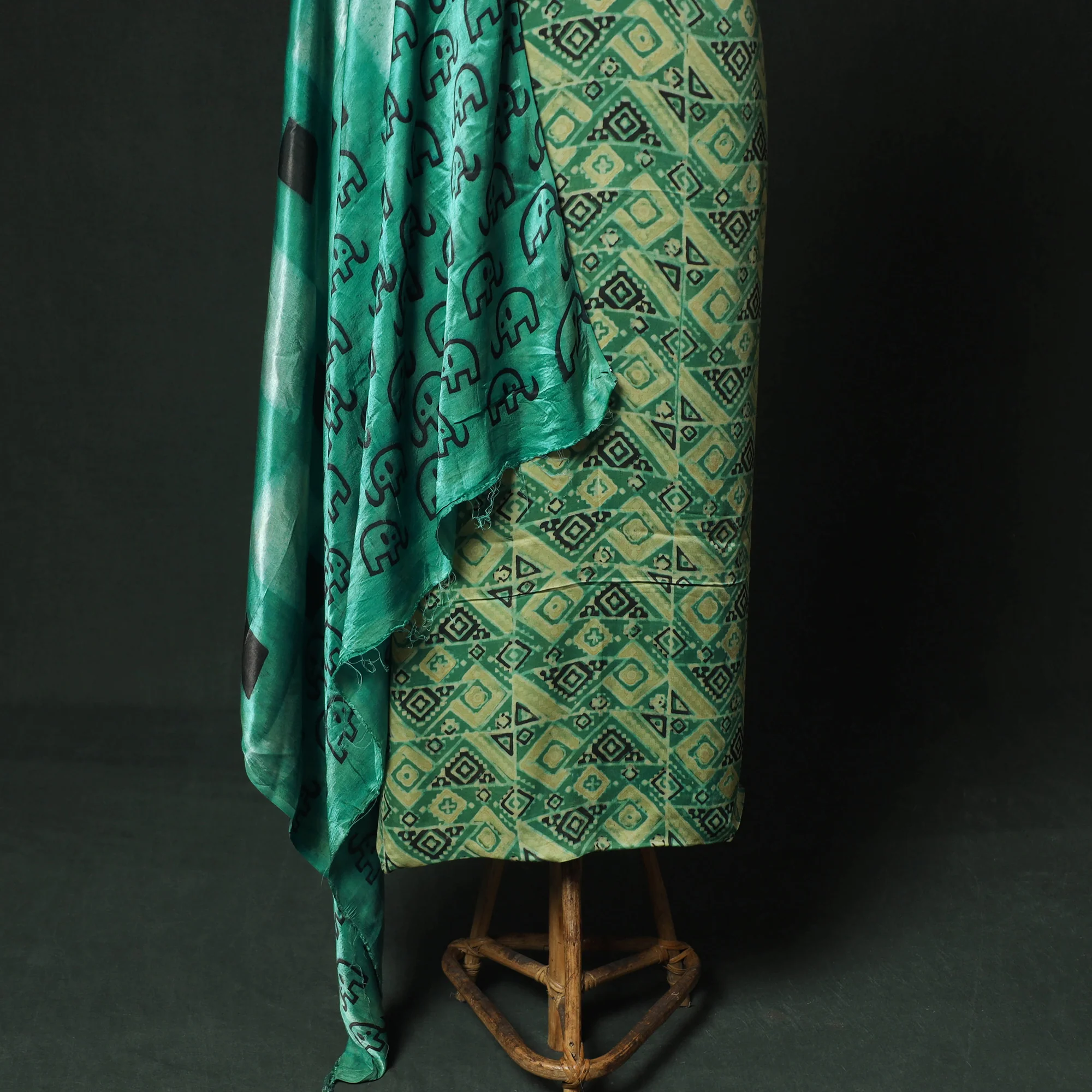 Green - Bagru Vanaspati Block Print Modal Silk Lace Handwork 2pc Unstitched Dress Material Kurta Set 15 - Image 4