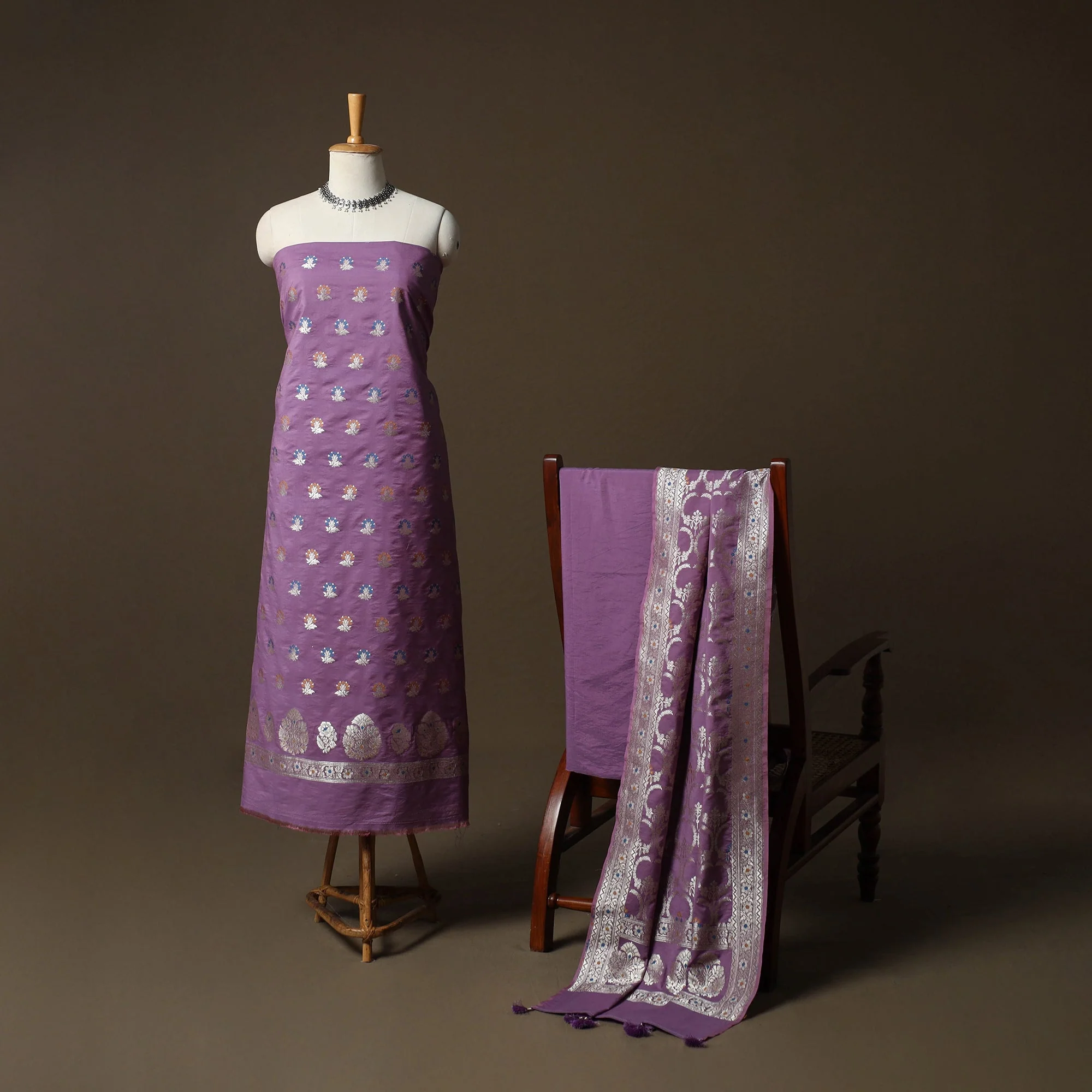 Banarasi Weaving Chiniya Silk 3pc Unstitched Dress Material Suit Set 11 - Image 2