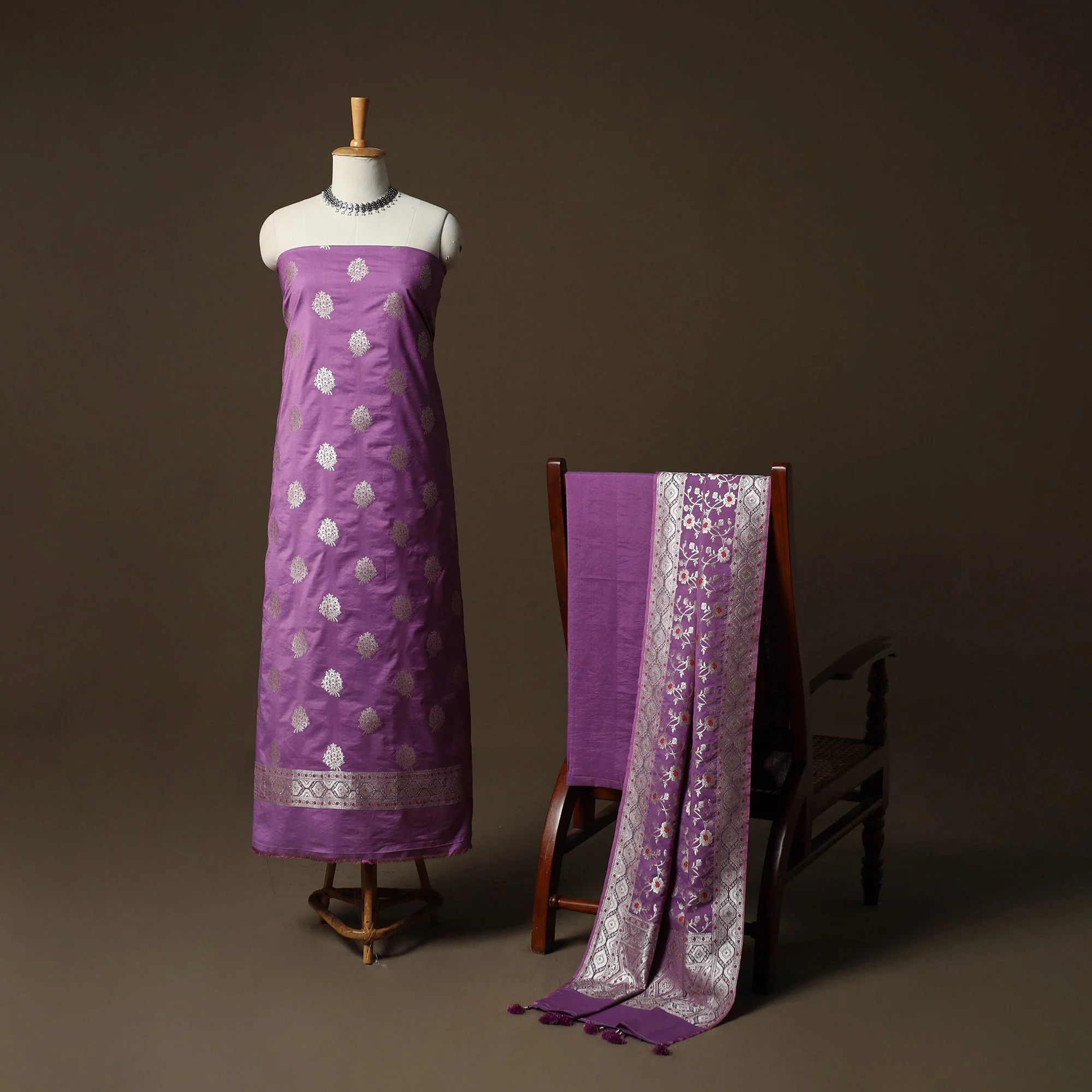 Banarasi Weaving Chiniya Silk 3pc Unstitched Dress Material Suit Set 13 - Image 2