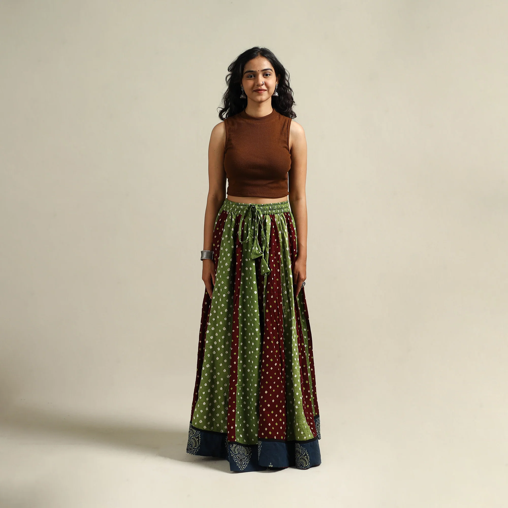 Multicolor - Bandhani Tie-Dye 24 Kali Patchwork Cotton Long Skirt 05 - Image 2