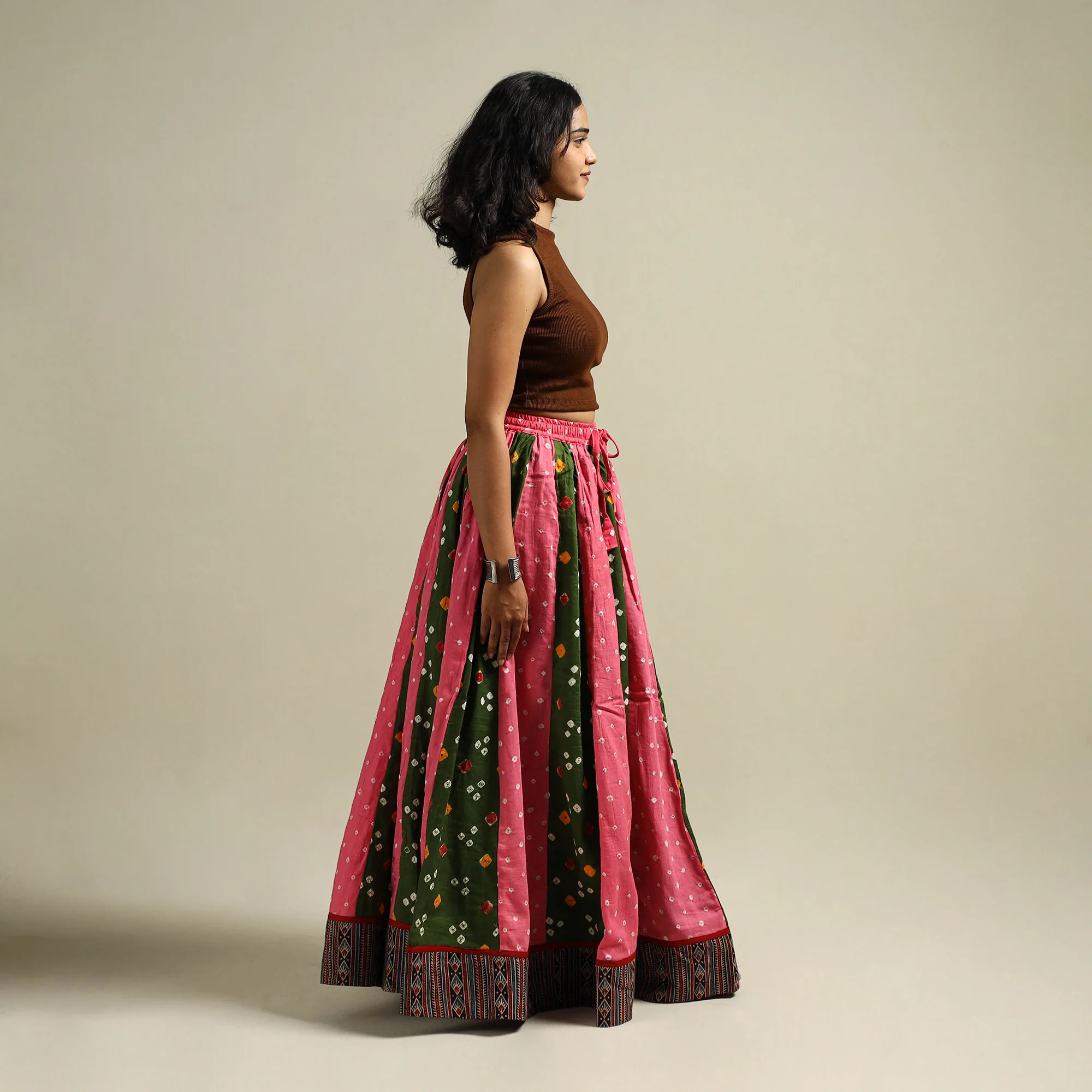 Multicolor - Bandhani Tie-Dye 24 Kali Patchwork Cotton Long Skirt 08 - Image 3