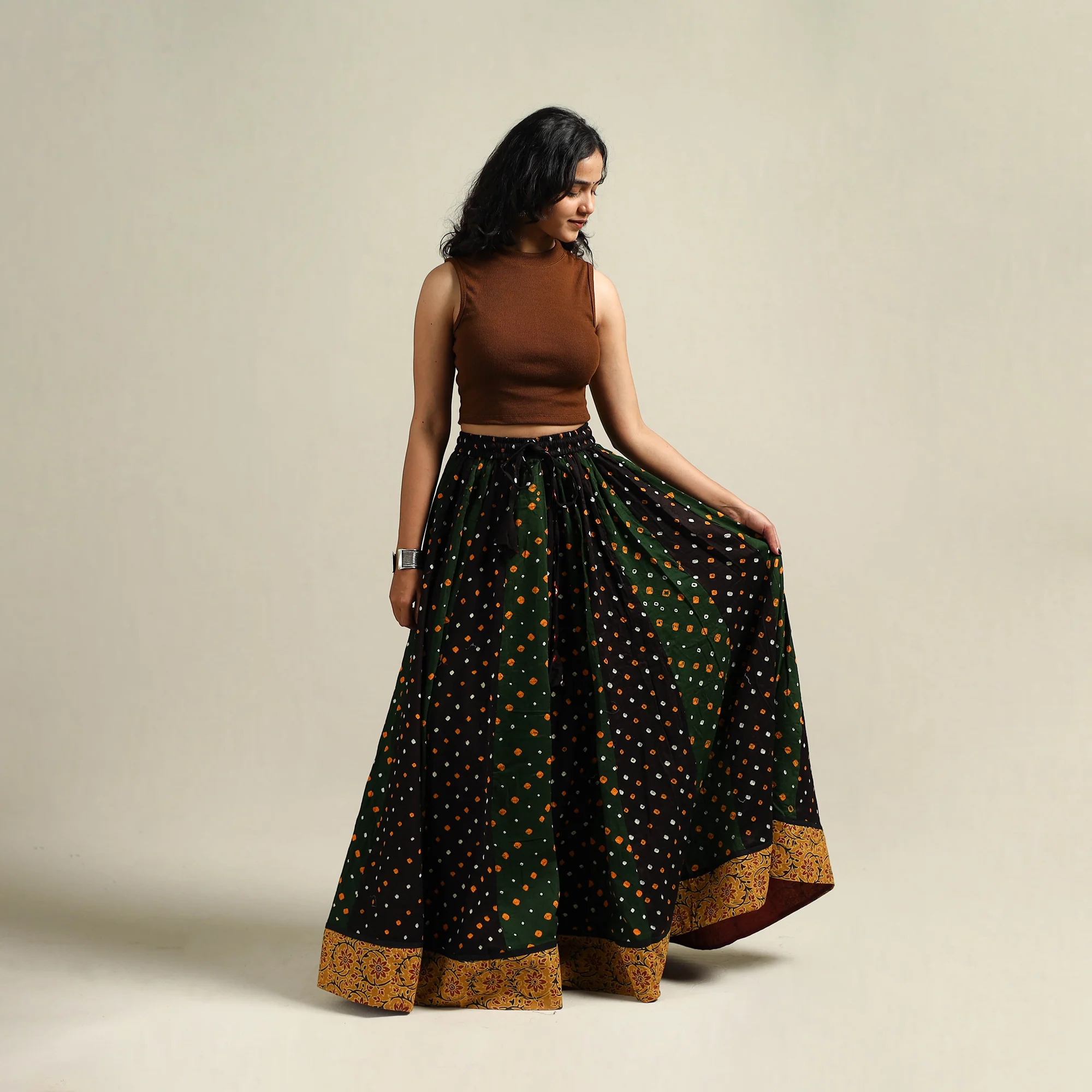 Multicolor - Bandhani Tie-Dye 24 Kali Patchwork Cotton Long Skirt 15
