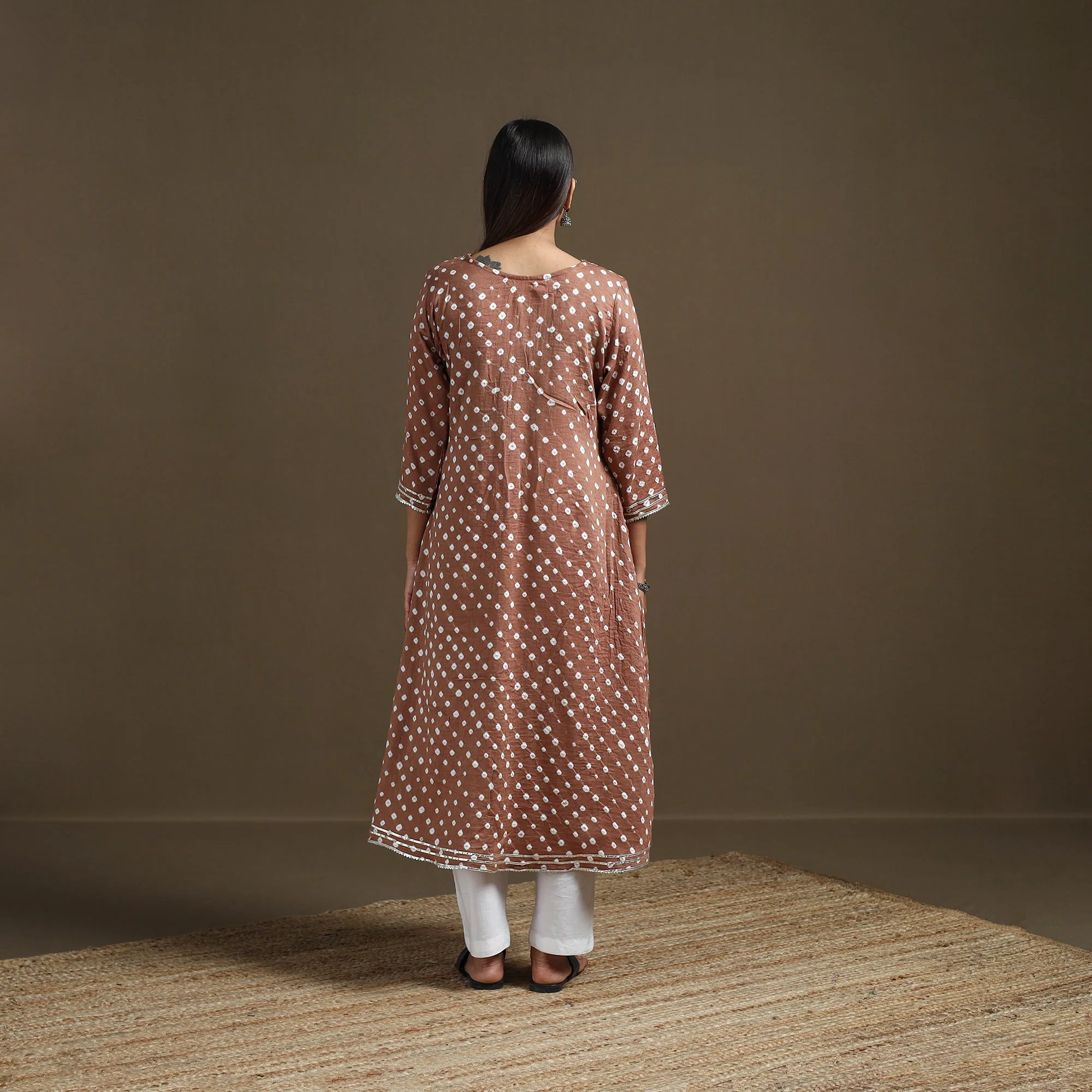 Brown - Bandhani Tie-Dye Cotton A-Line Gota Work Kurta for women 11 - Image 5