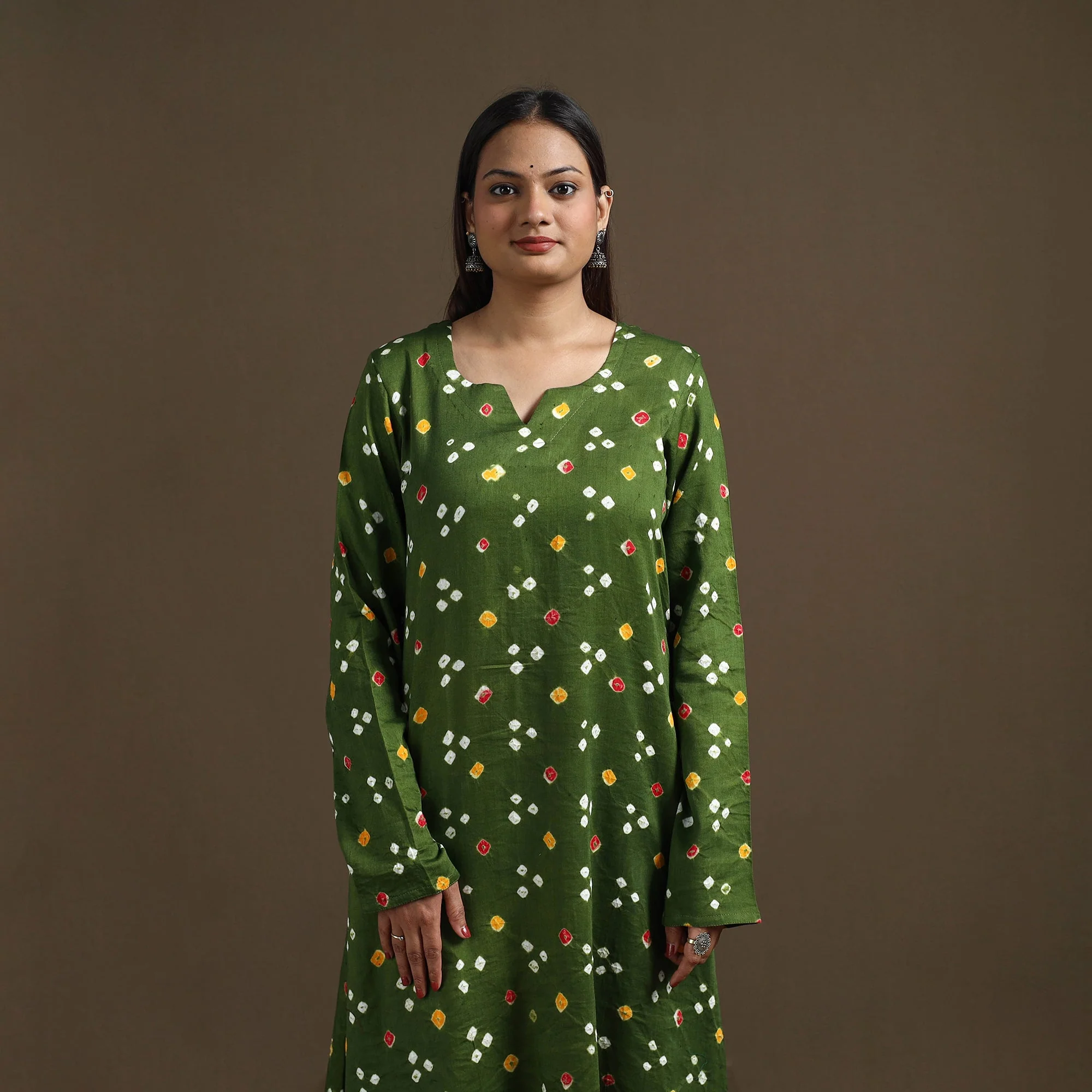 Green - Bandhani Tie-Dye Cotton A-Line Kurta for women 01 - Image 3