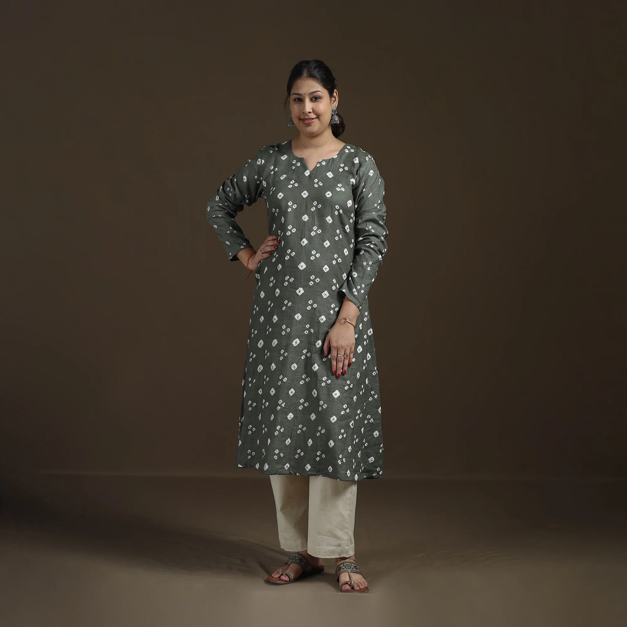 Grey - Bandhani Tie-Dye Cotton A-Line Kurta for women 01