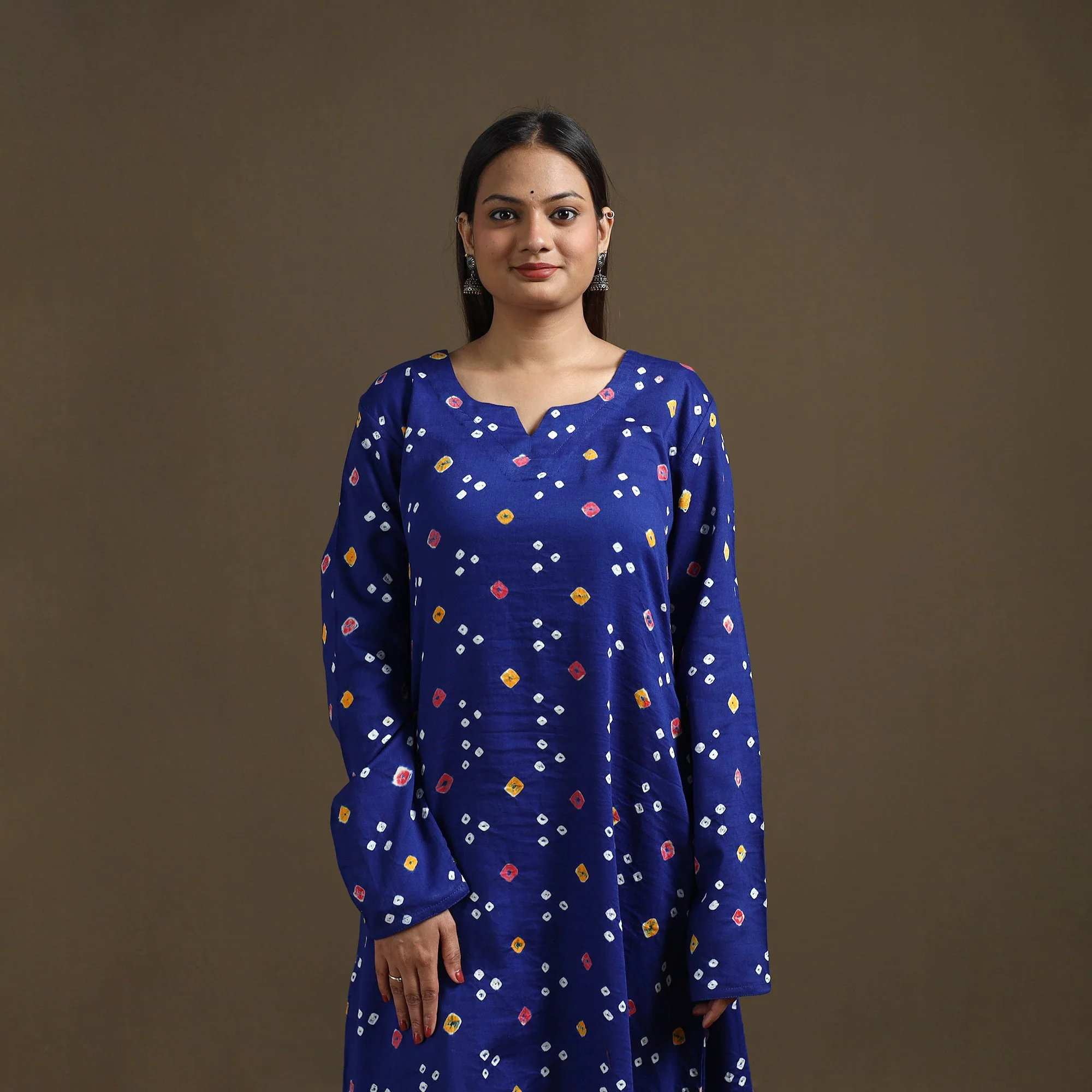 Blue - Bandhani Tie-Dye Cotton A-Line Kurta for women 04 - Image 3