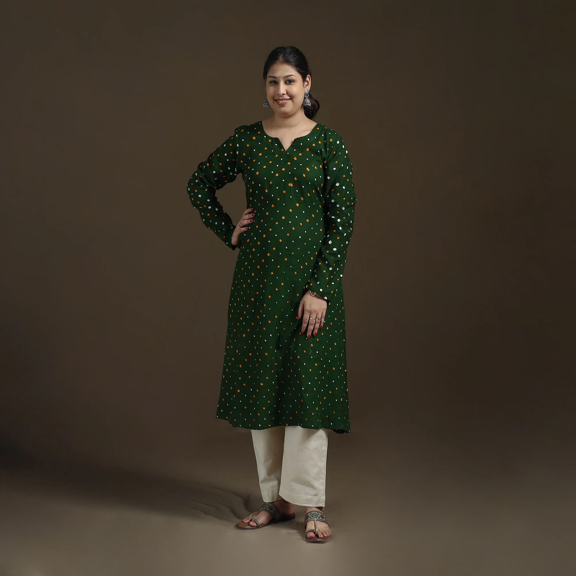 Green - Bandhani Tie-Dye Cotton A-Line Kurta for women 04