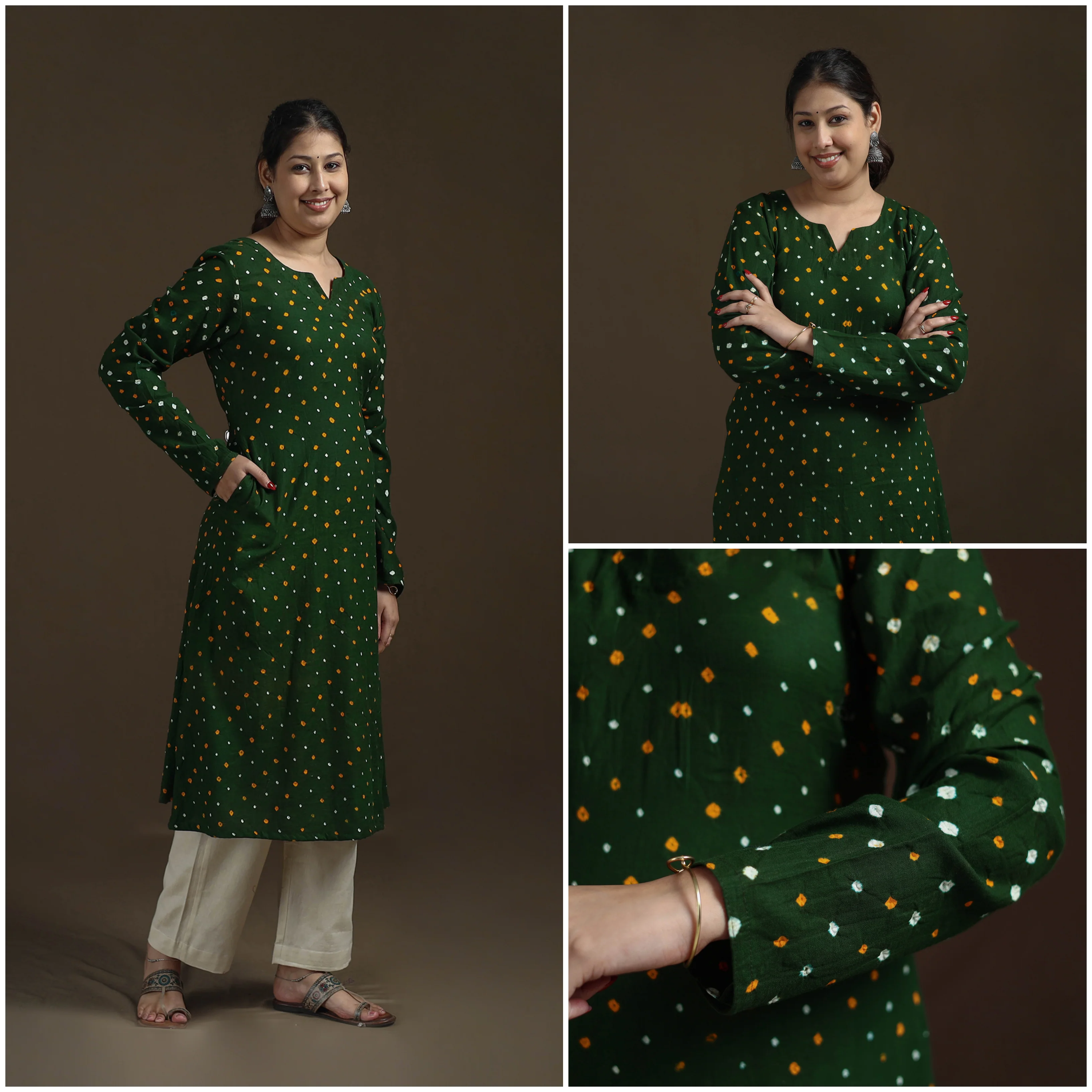 Green - Bandhani Tie-Dye Cotton A-Line Kurta for women 04 - Image 3