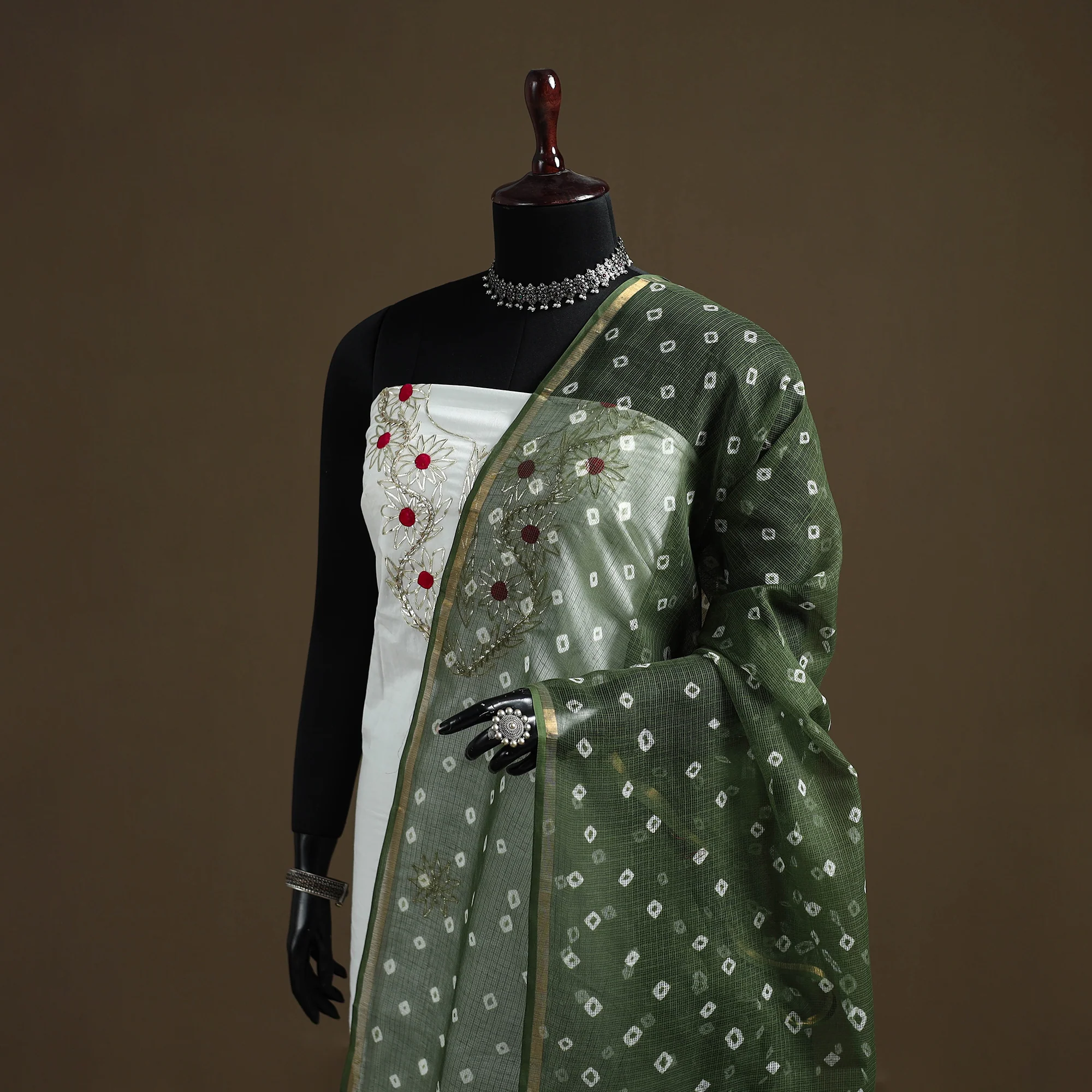 Green - Bandhani Tie-Dye Kota Doria Cotton Dupatta 02 - Image 2