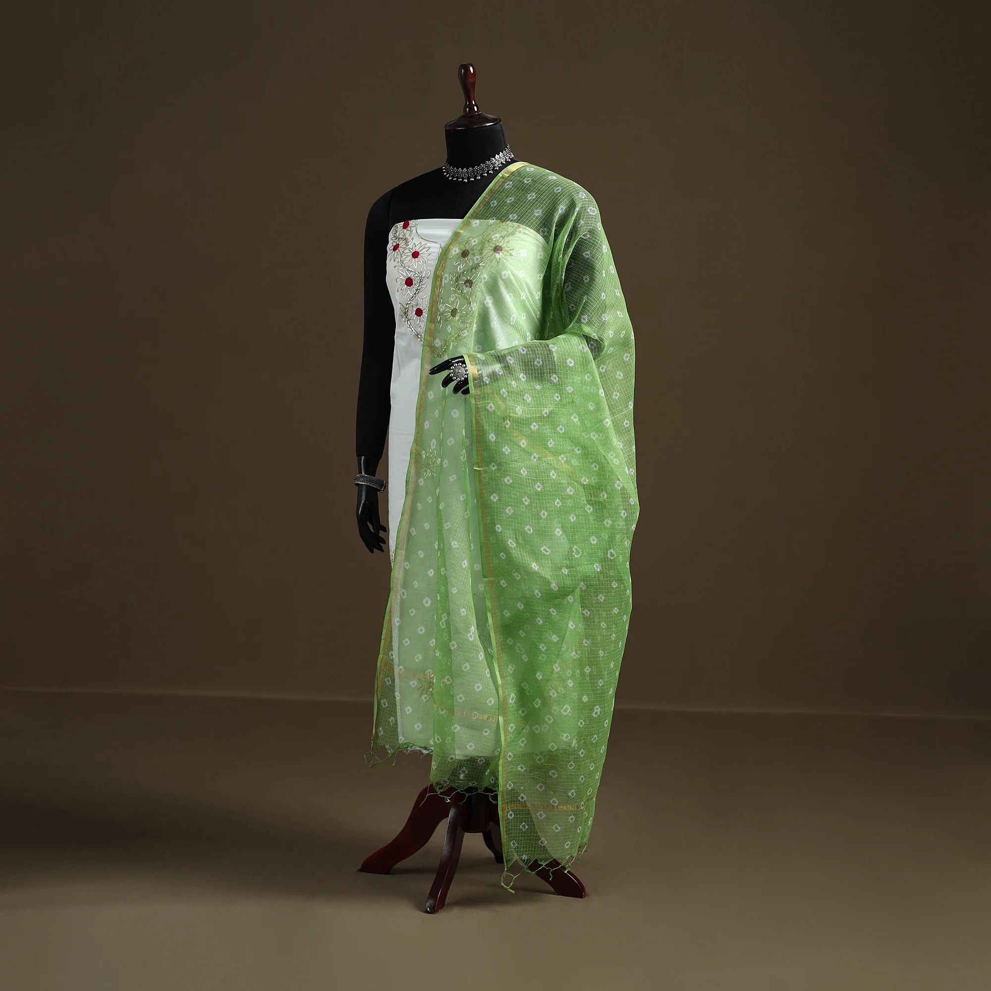 Green - Bandhani Tie-Dye Kota Doria Cotton Dupatta 03