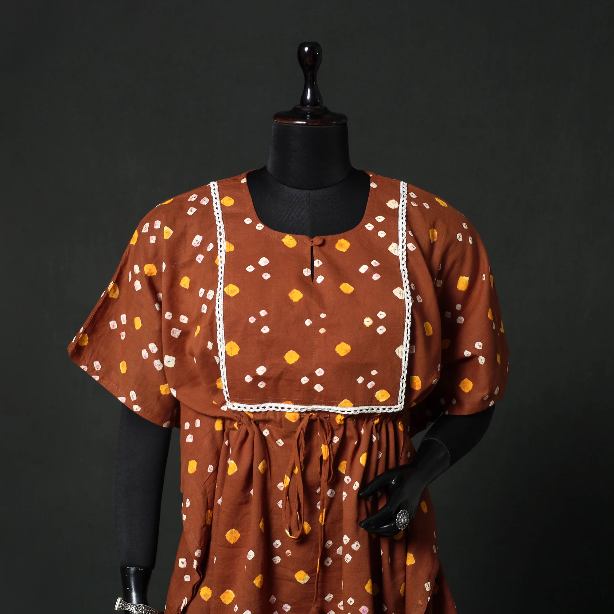 Brown - Bandhani Tie-Dye Lace Work Cotton Kaftan (Short) 89 - Image 2