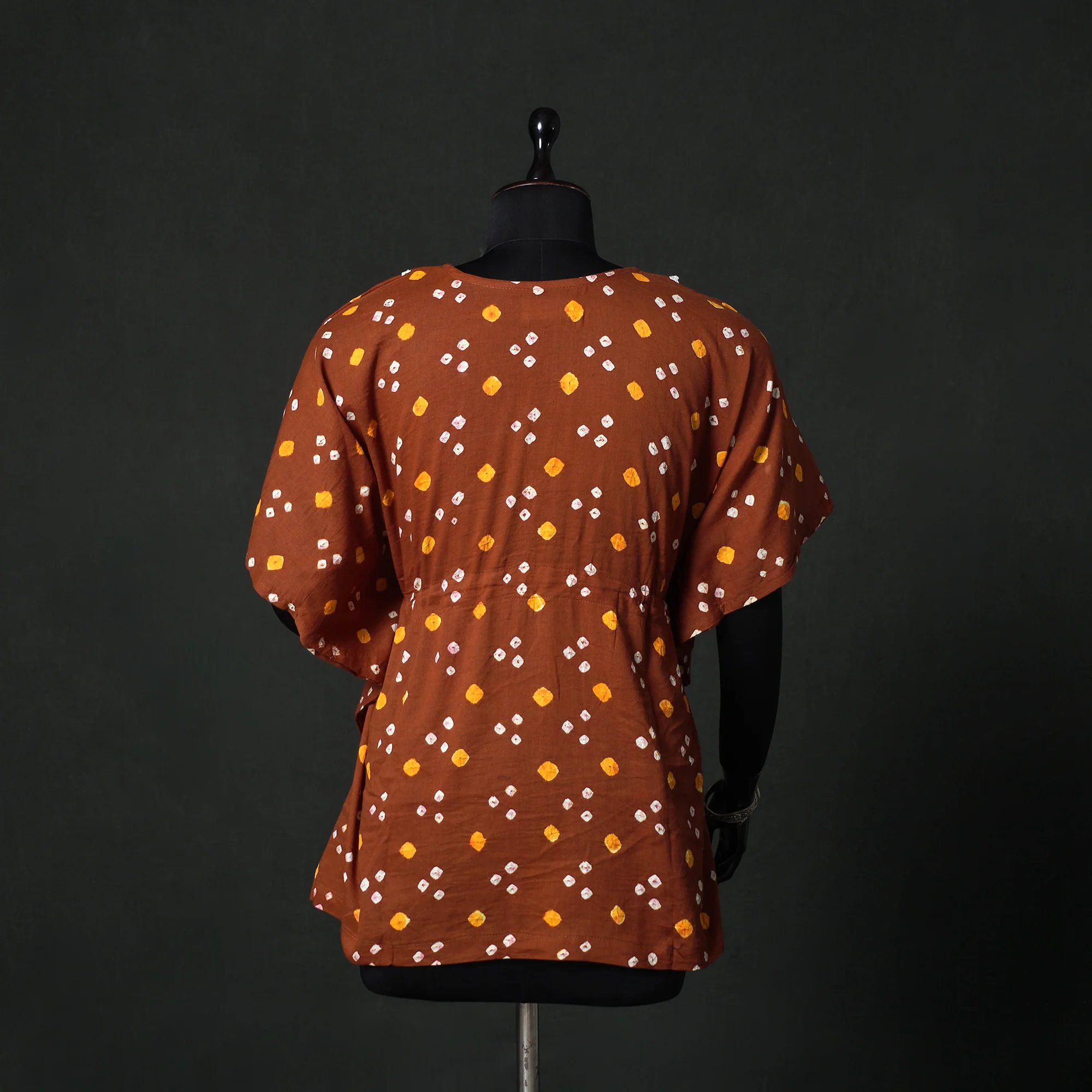Brown - Bandhani Tie-Dye Lace Work Cotton Kaftan (Short) 89 - Image 5