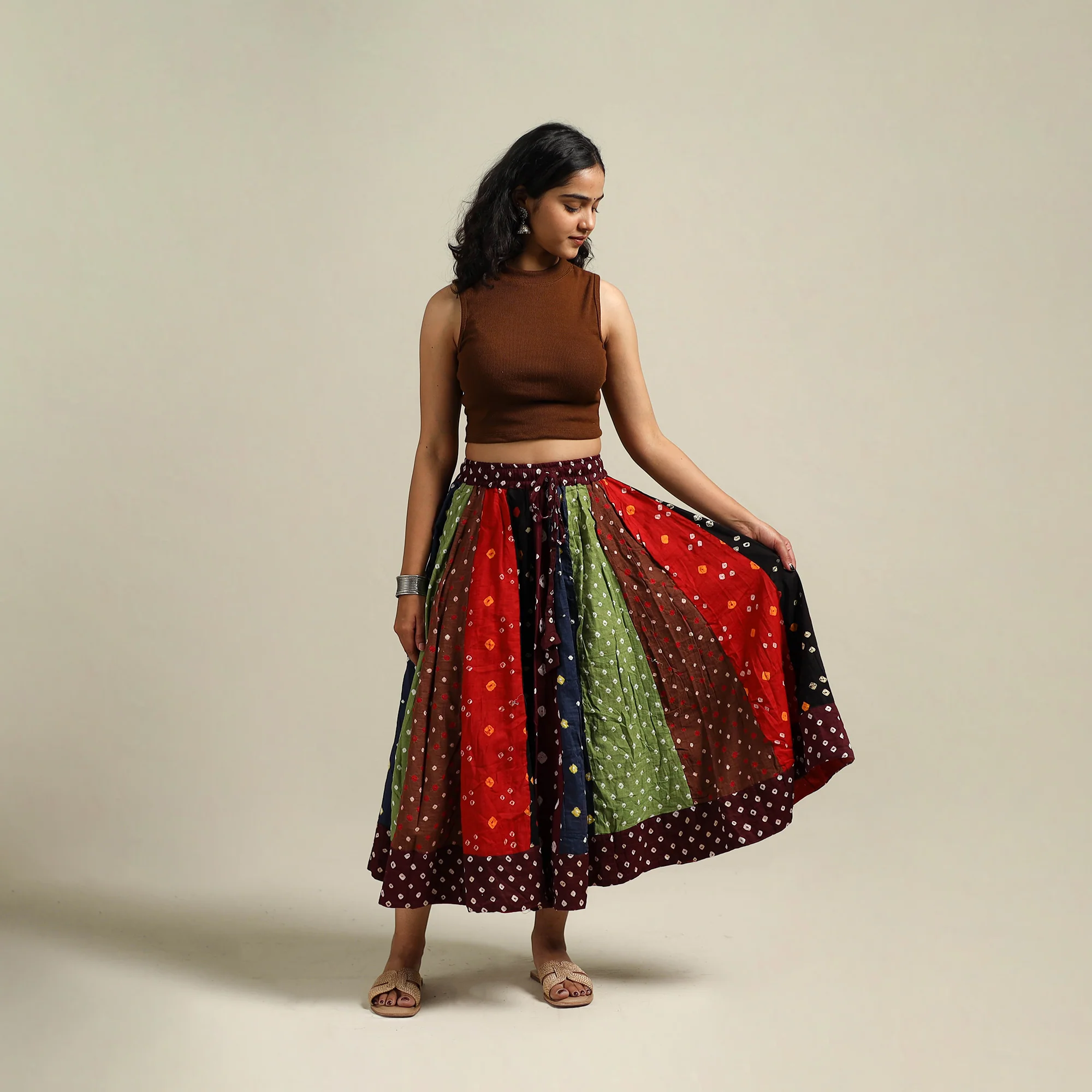 Multicolor - Bandhani Tie-Dye Patchwork Cotton Short Skirt 47
