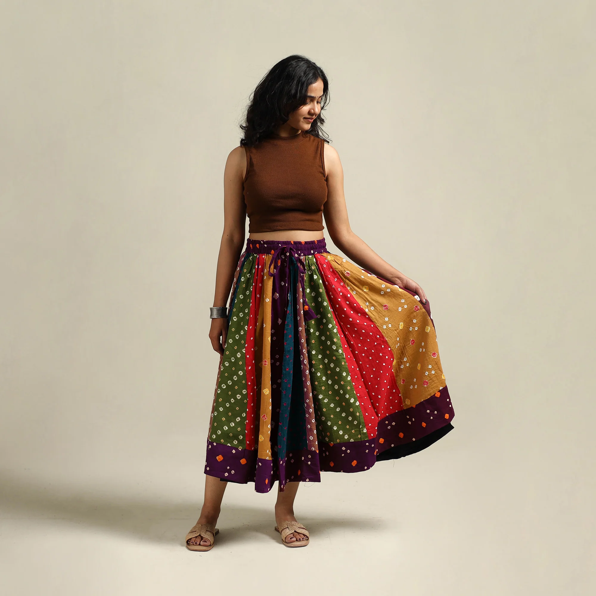 Multicolor - Bandhani Tie-Dye Patchwork Cotton Short Skirt 57