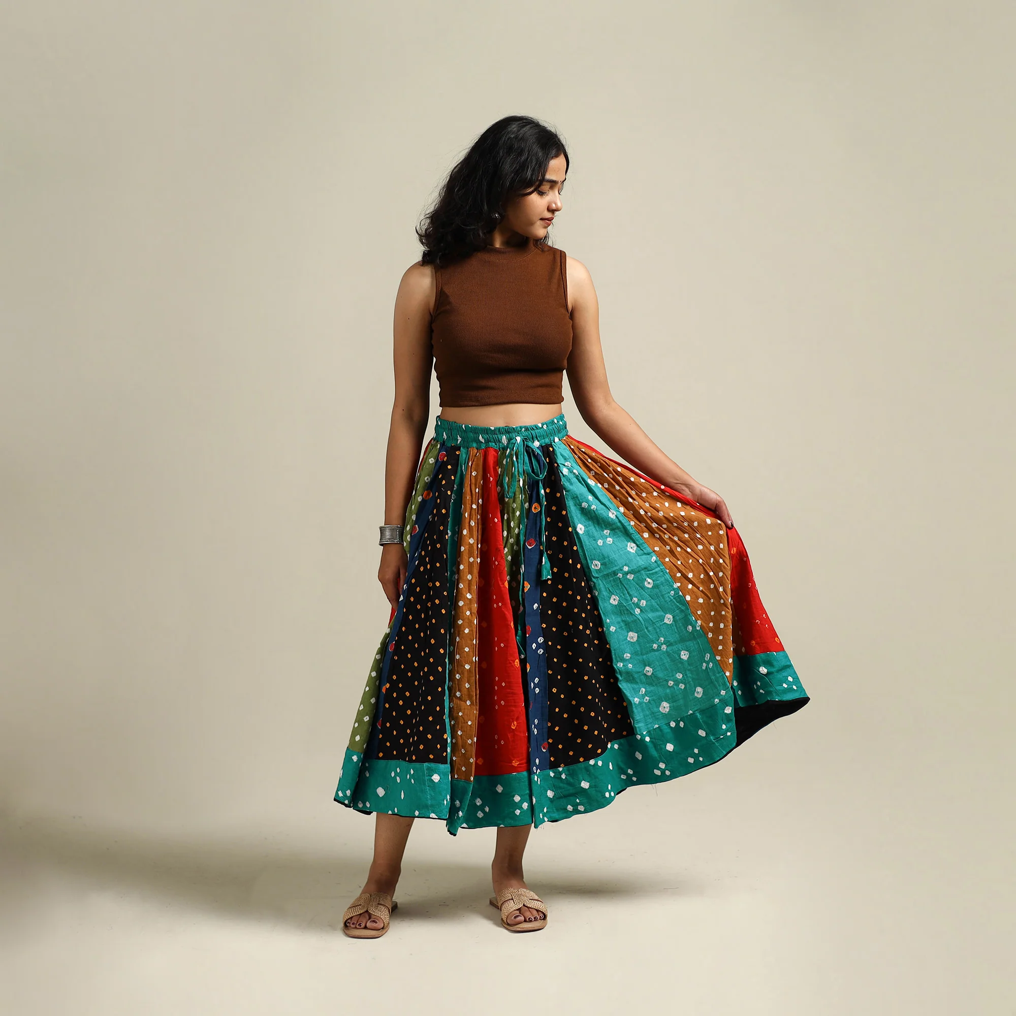 Multicolor - Bandhani Tie-Dye Patchwork Cotton Short Skirt 64