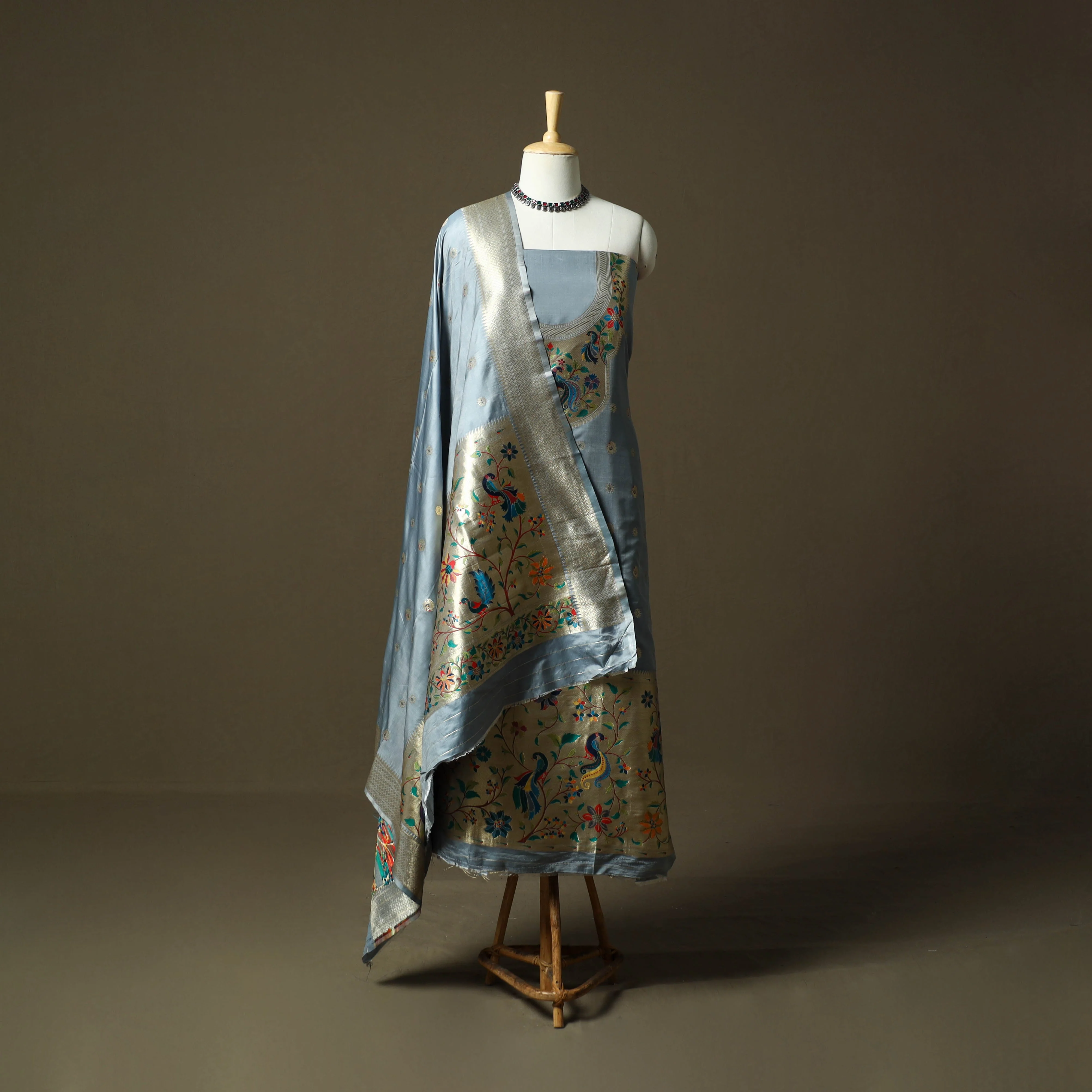 Grey - Bangalore Silk Paithani 3pc Unstitched Dress Material 30