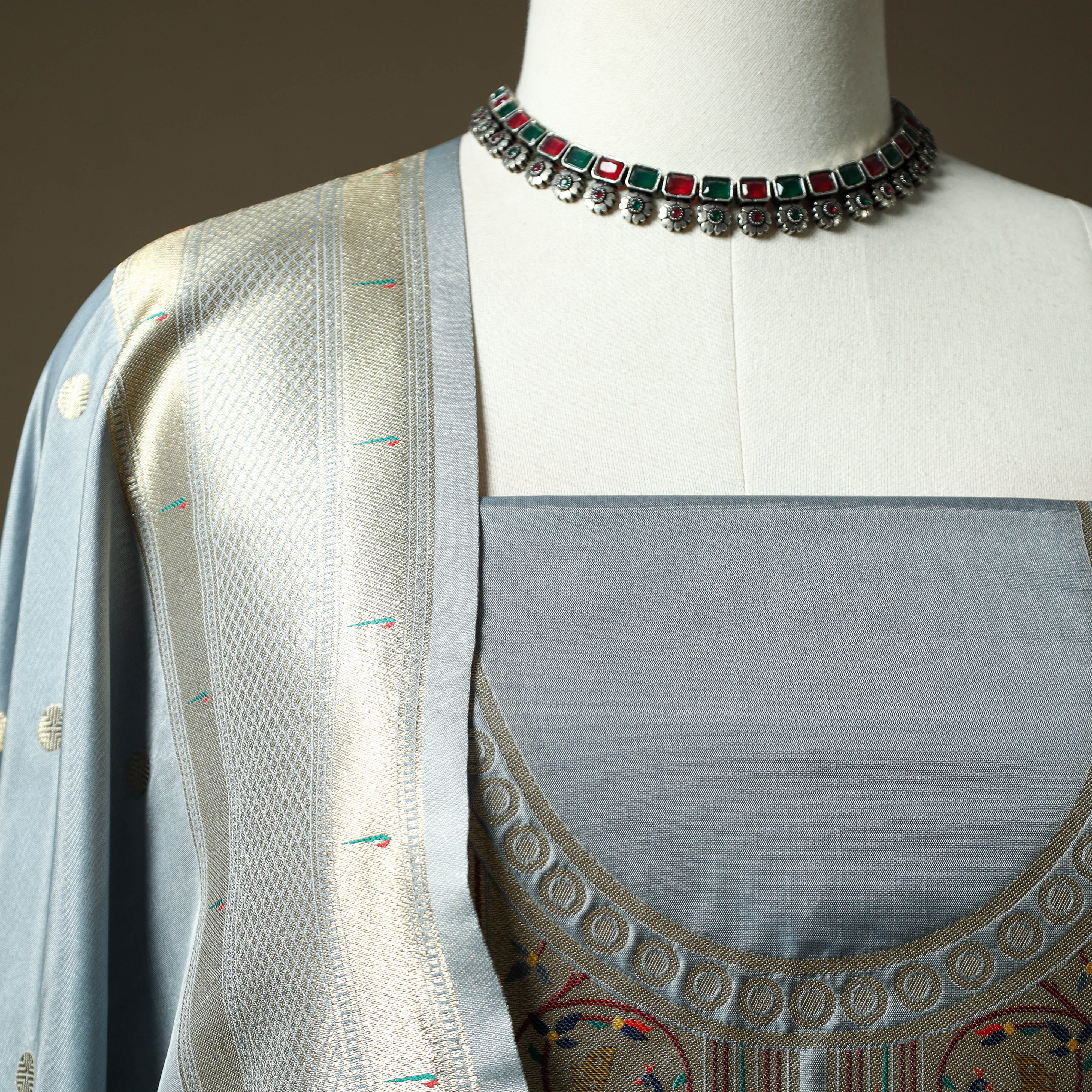 Grey - Bangalore Silk Paithani 3pc Unstitched Dress Material Suit Set 31 - Image 3